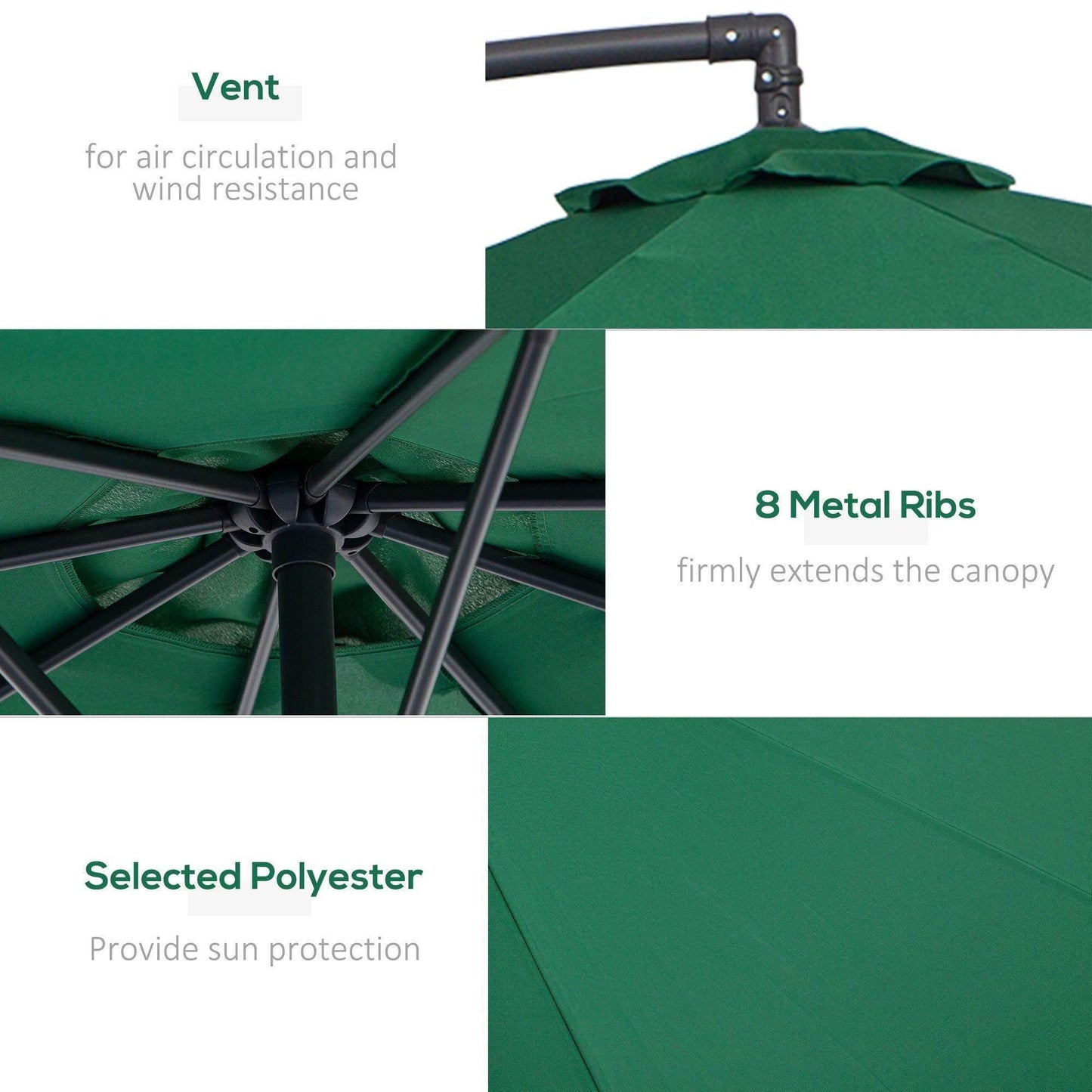 Green Outsunny 3m banana parasol with crank handle featuring vent for air circulation, 8 metal ribs, and polyester canopy for sun protection