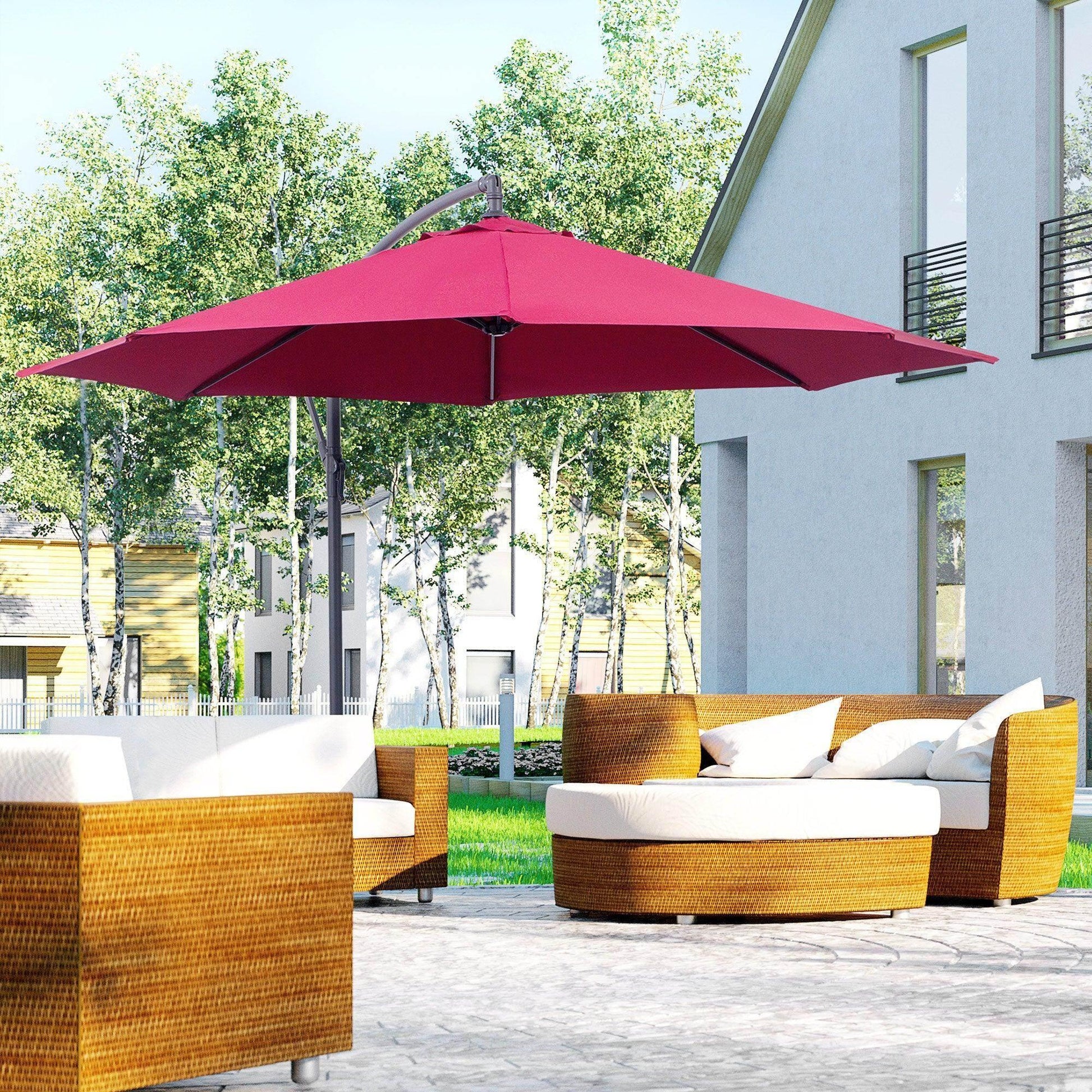 Wine red 3m outsunny garden banana parasol with crank handle shading wicker outdoor patio furniture