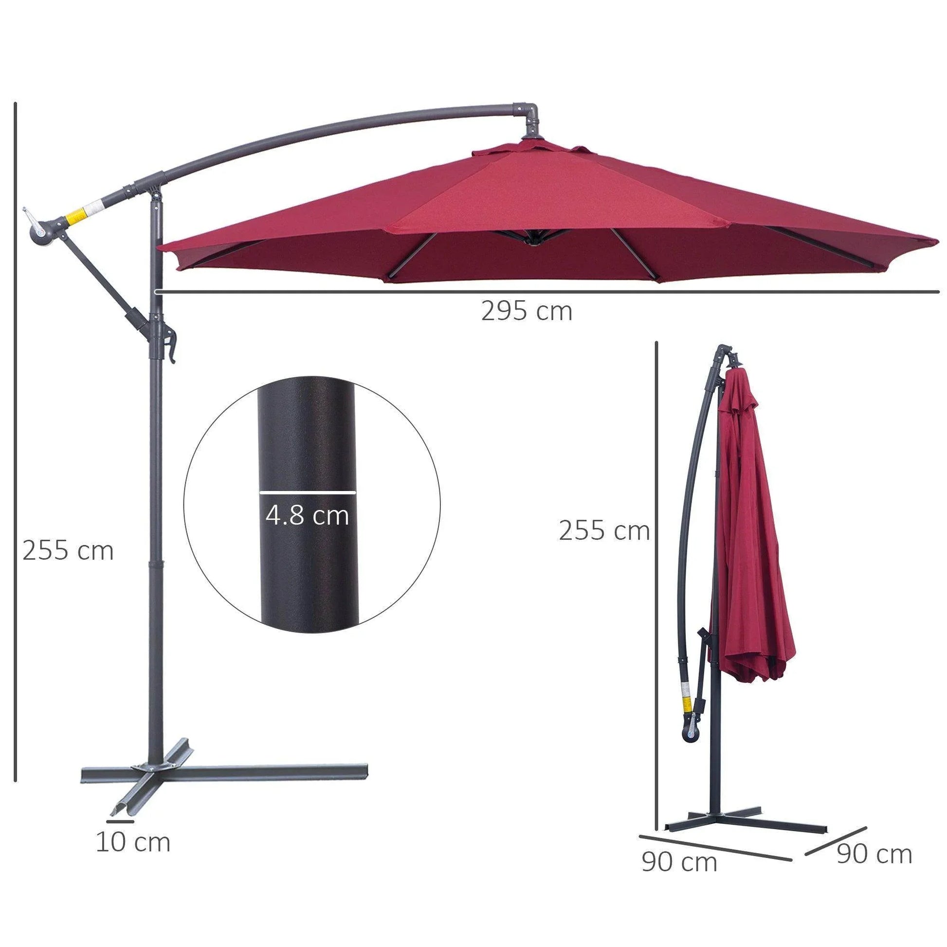Wine red Outsunny 3m garden banana parasol with crank handle and steel frame dimensions