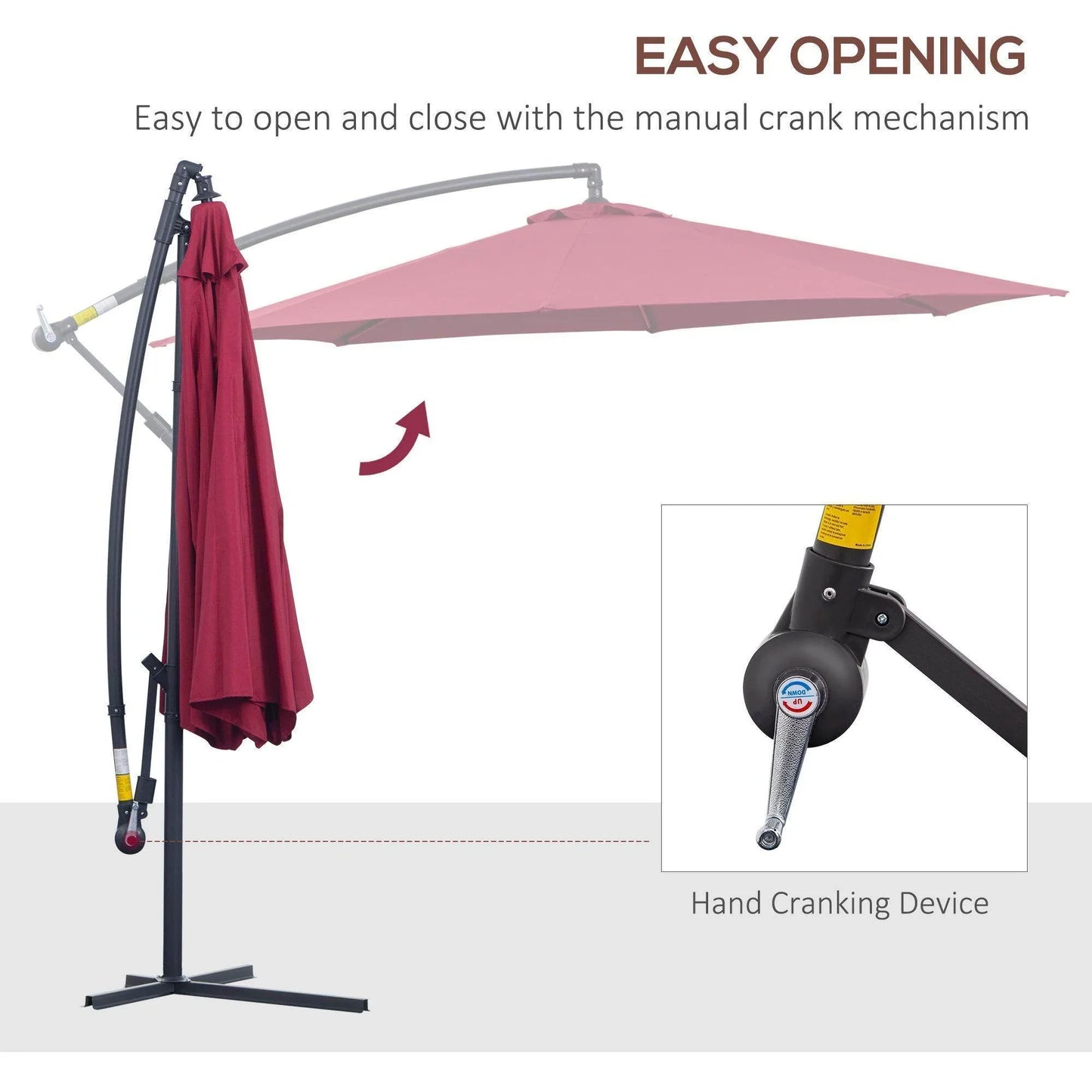 Outsunny 3m garden banana parasol in wine red with manual hand crank for easy opening and closing