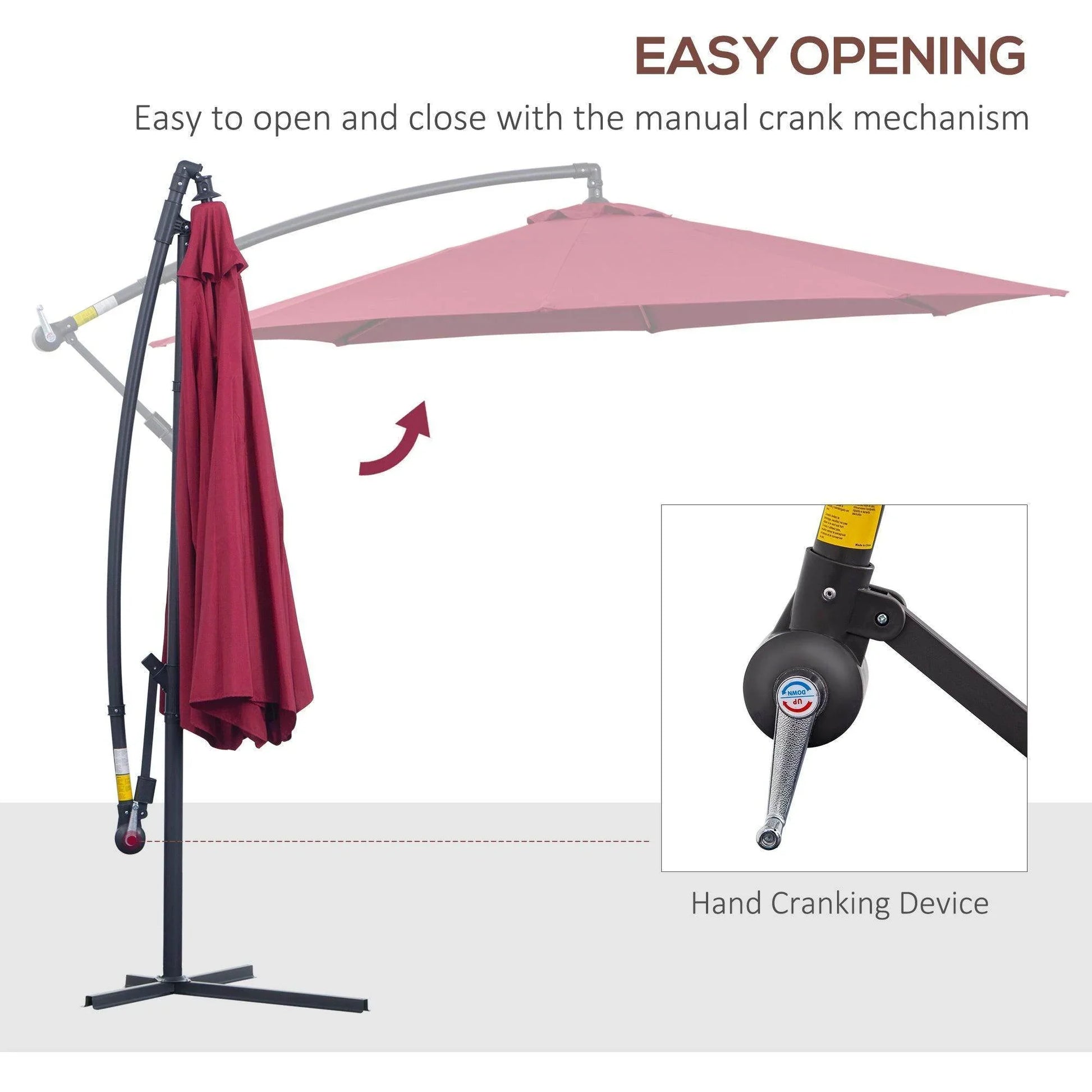 Outsunny 3m garden banana parasol in wine red with manual hand crank for easy opening and closing