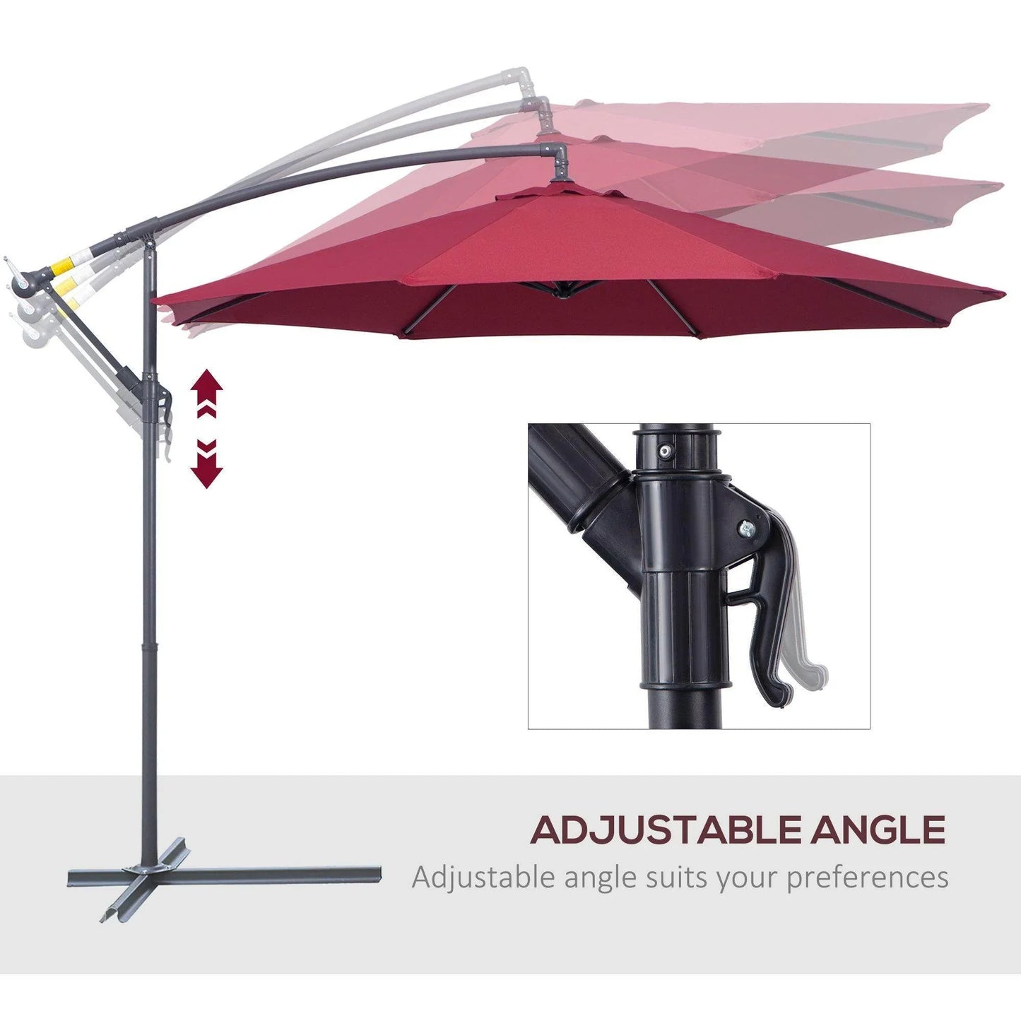 Outsunny adjustable angle 3m garden banana parasol with crank handle in wine red color