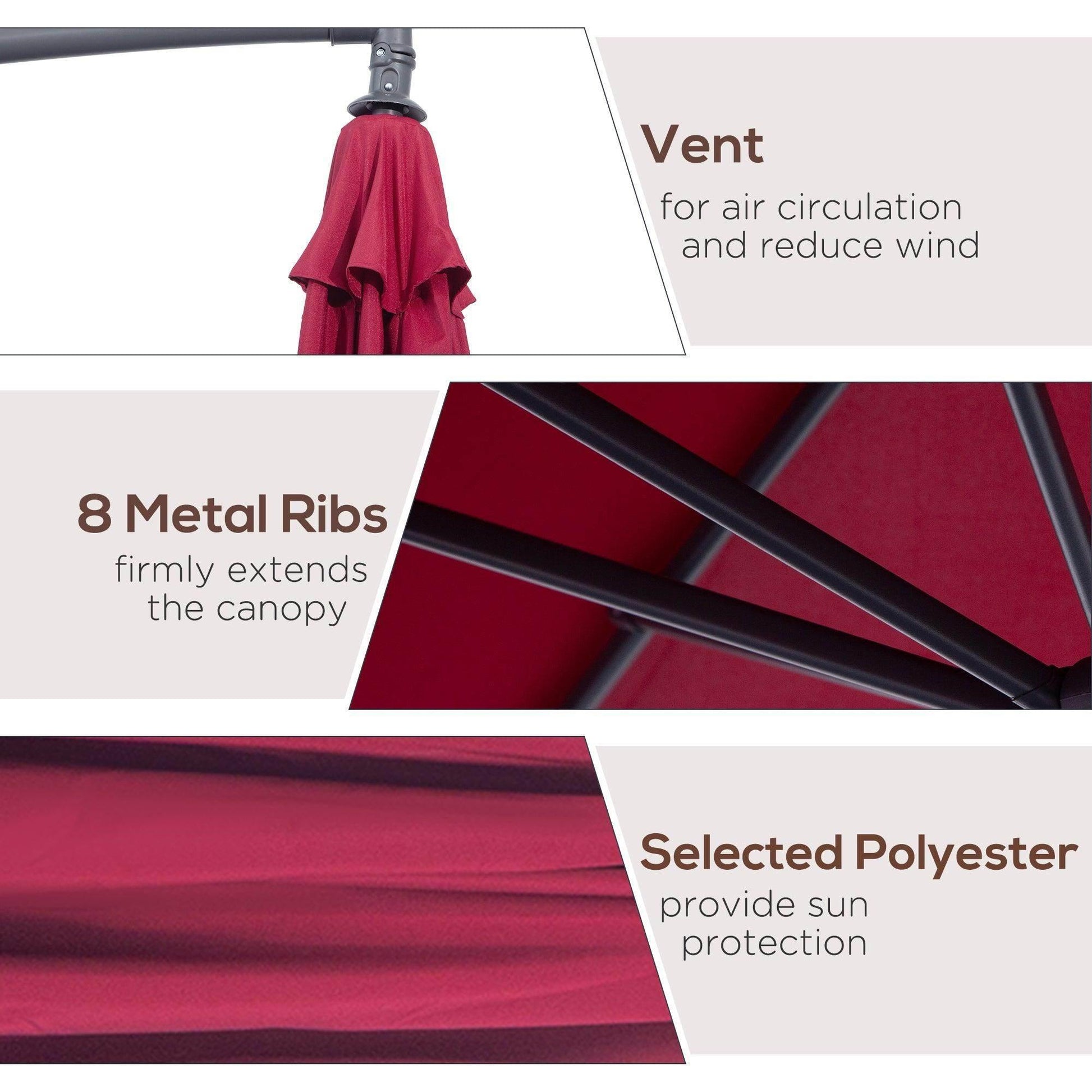 Wine red Outsunny 3m garden banana parasol with vent, 8 metal ribs, selected polyester for sun protection