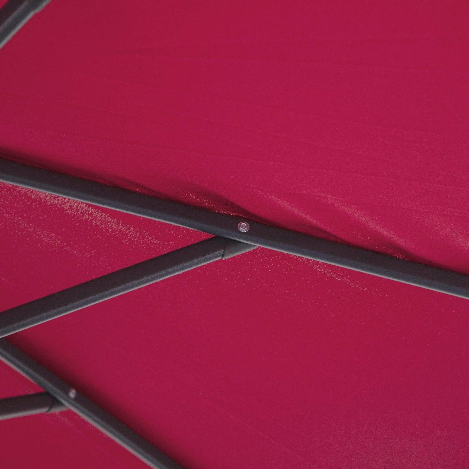 Close-up of wine red fabric and dark metal frame of Outsunny 3m garden banana parasol