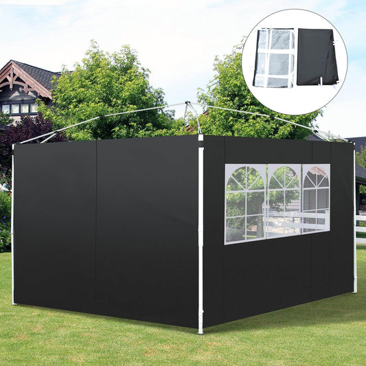 Black outdoor gazebo with exchangeable side panels and arched window panel in a garden setting