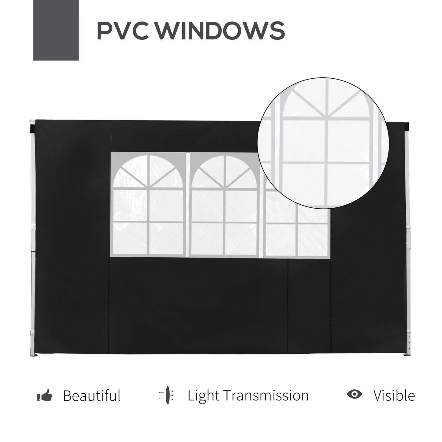 Black gazebo side panel with three PVC arched windows for light transmission and visibility