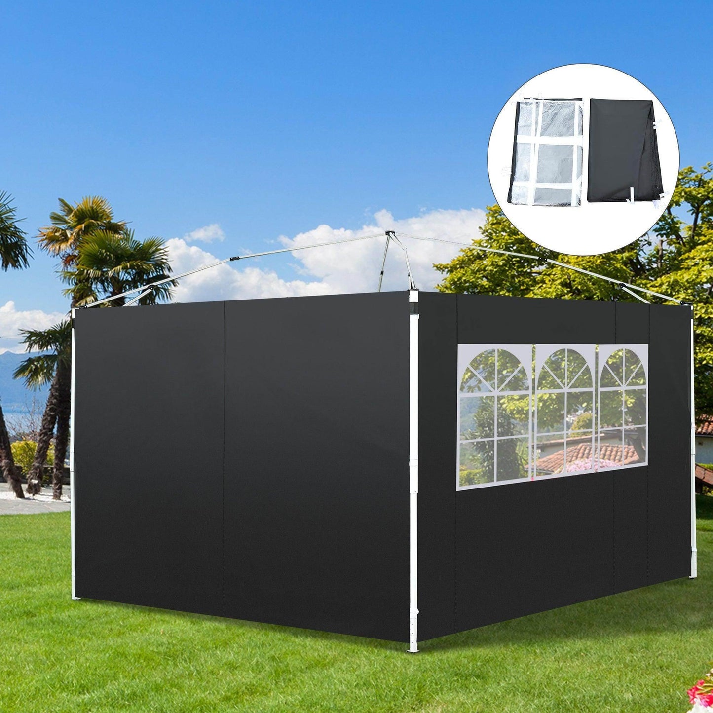 Black Outsunny 3m outdoor gazebo with exchangeable side panels, one featuring decorative windows, set on green lawn