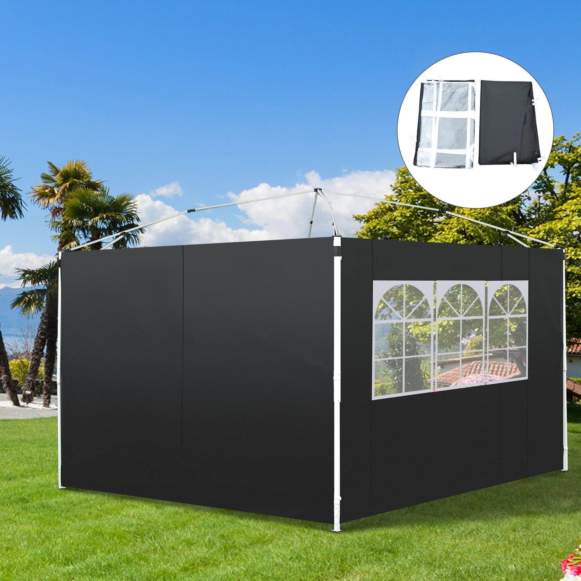 Black Outsunny 3m outdoor gazebo with exchangeable side panels, one featuring decorative windows, set on green lawn