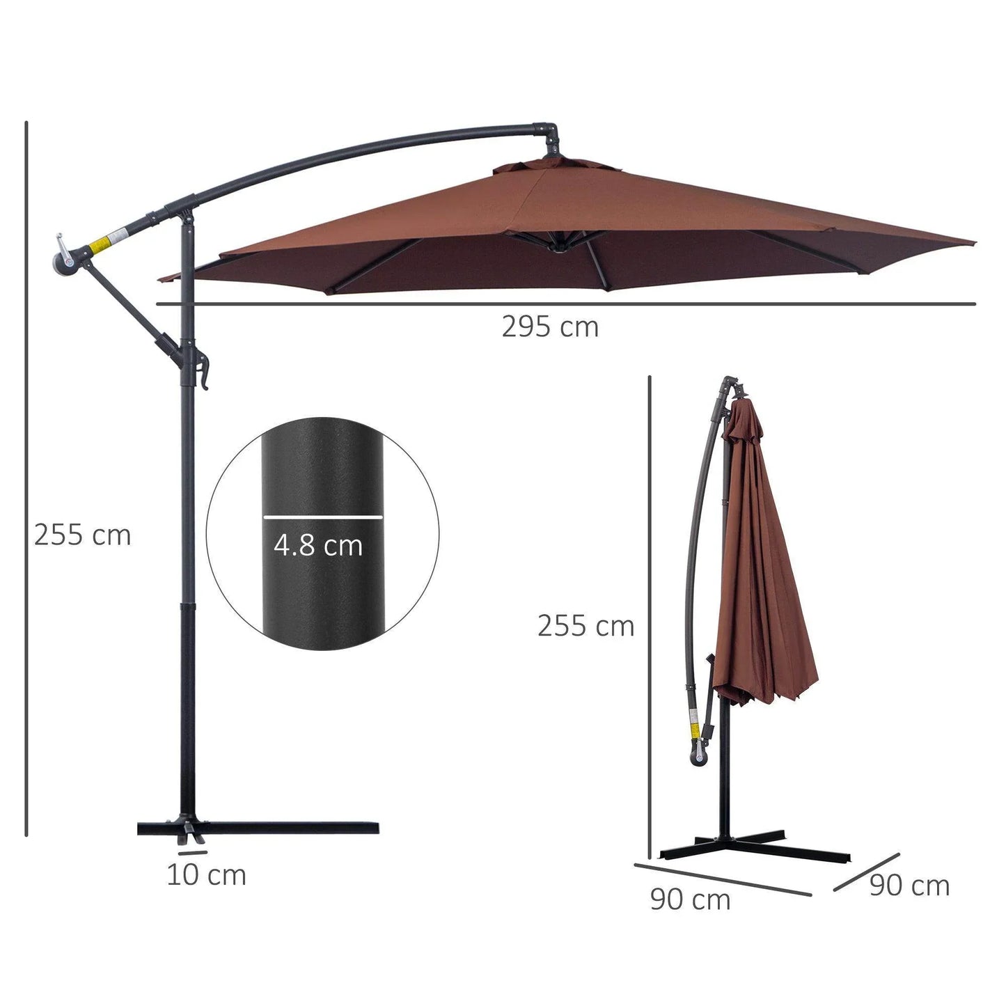 Outsunny 3m hanging coffee-colored patio umbrella with black metal frame showing open and closed positions and dimensions