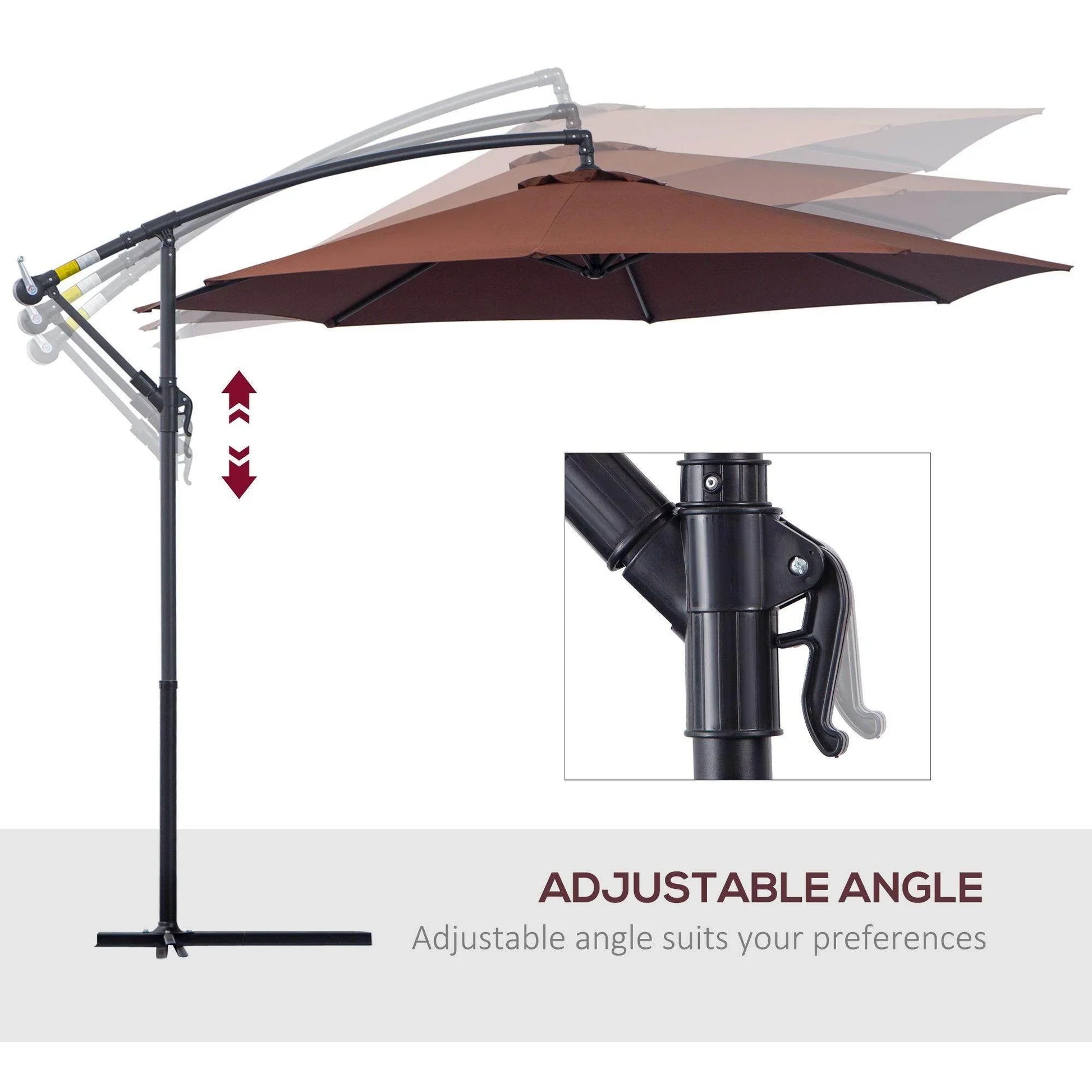 Adjustable brown hanging patio umbrella with black metal frame and tilting mechanism for versatile outdoor shade