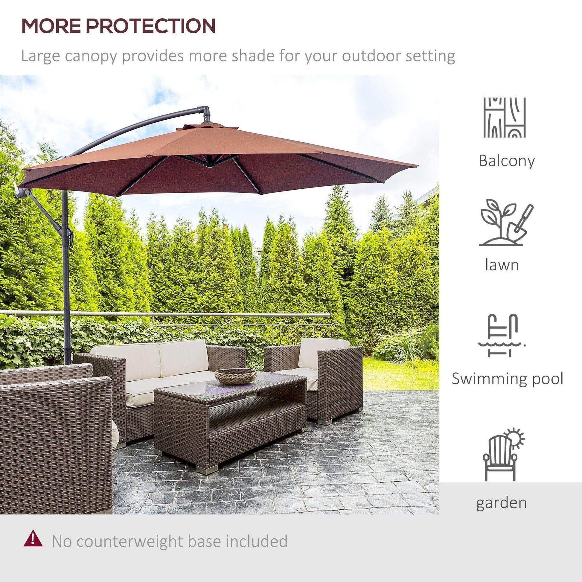 Outdoor garden patio with brown hanging umbrella providing shade over rattan sofa set and glass coffee table
