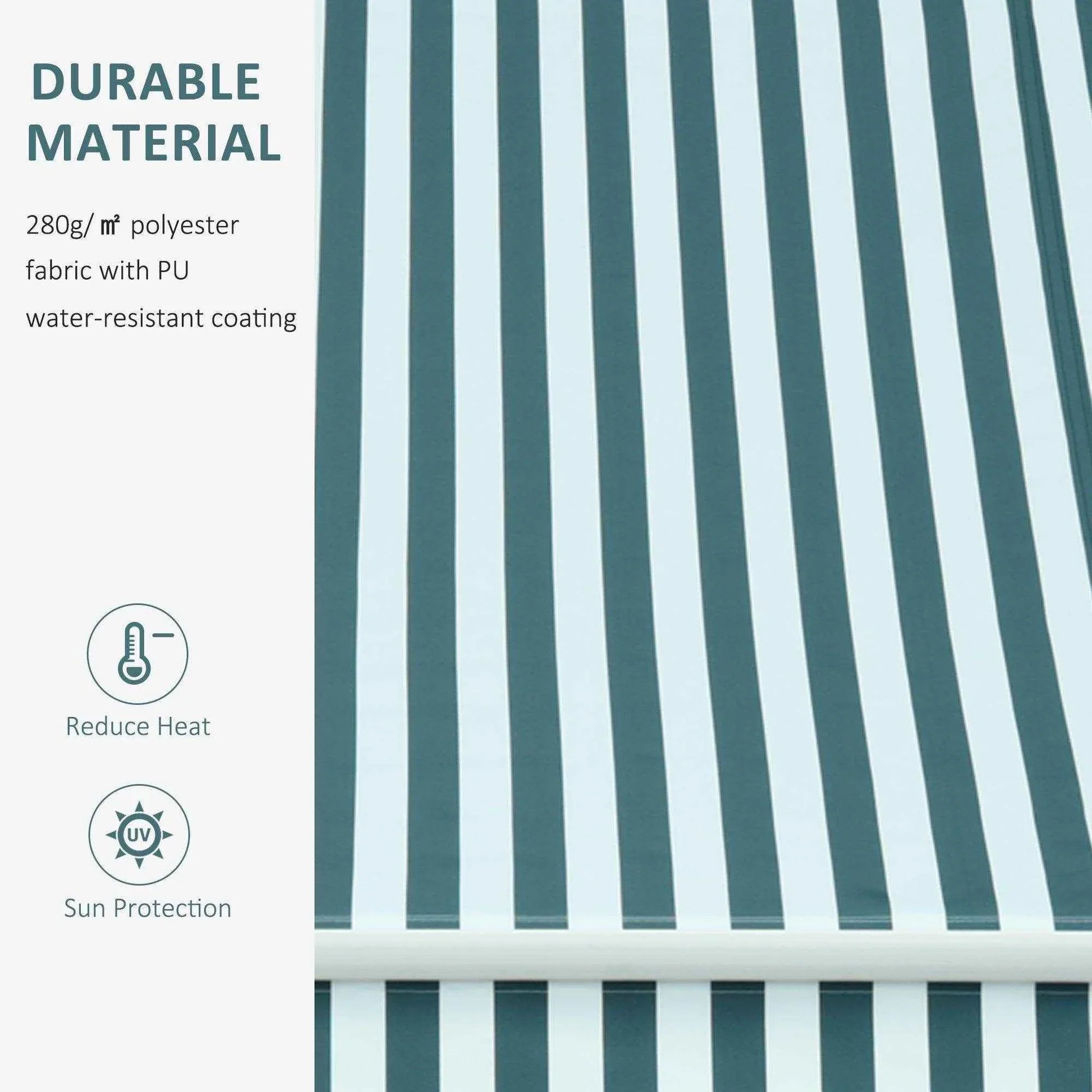Green and white striped manual awning with winding handle, polyester fabric, water-resistant, sun protection
