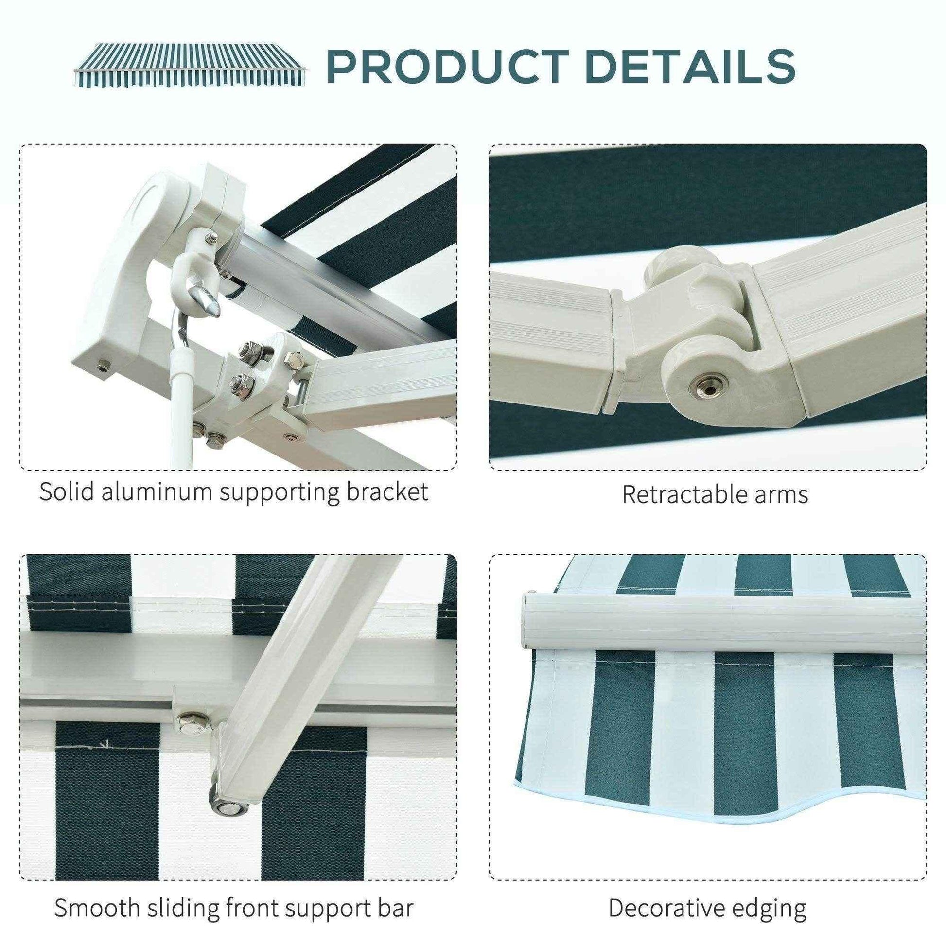 Details of green and white striped manual awning with solid aluminum bracket, retractable arms, sliding support bar, decorative edge