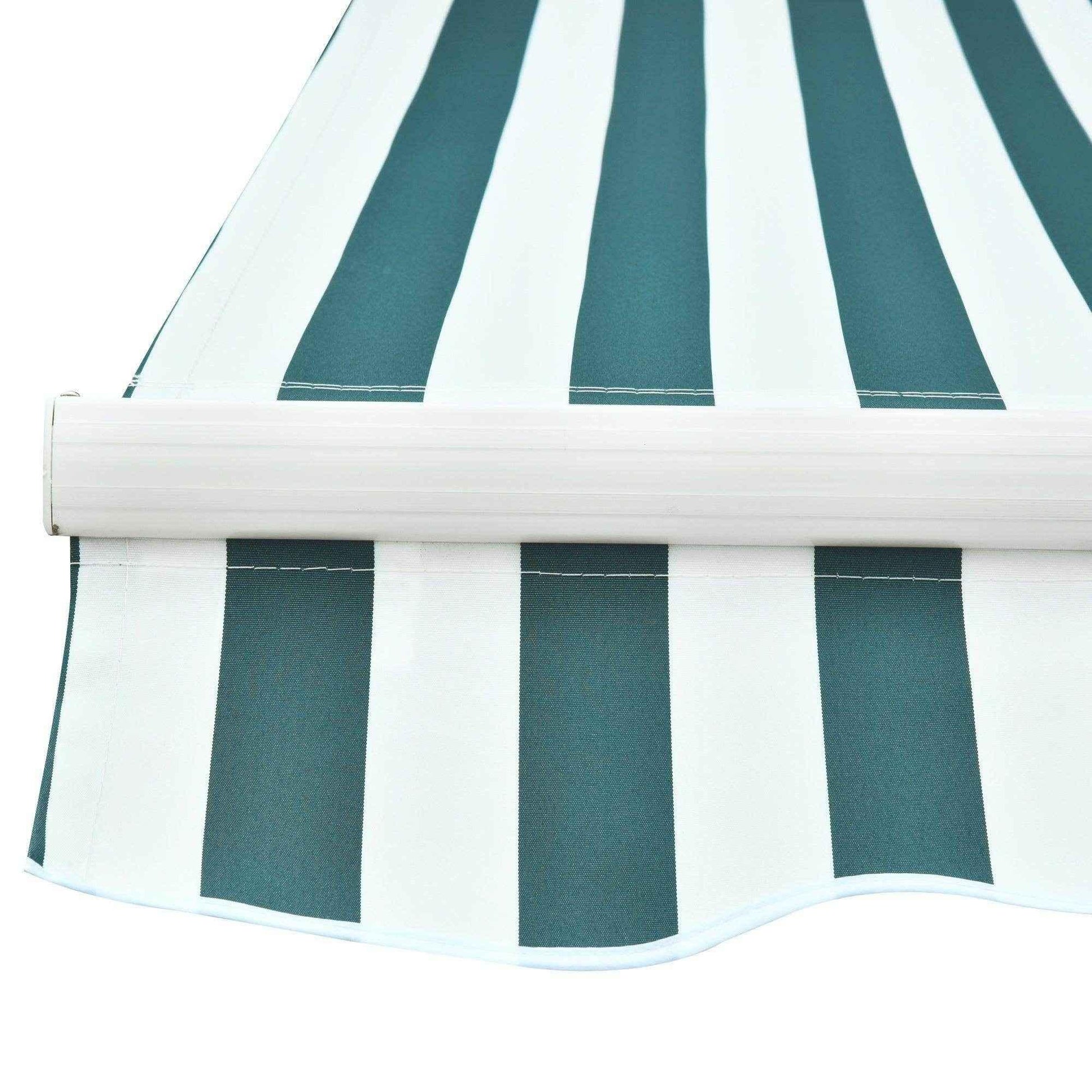 Green and white striped manual awning with winding handle, outdoor home and garden shade