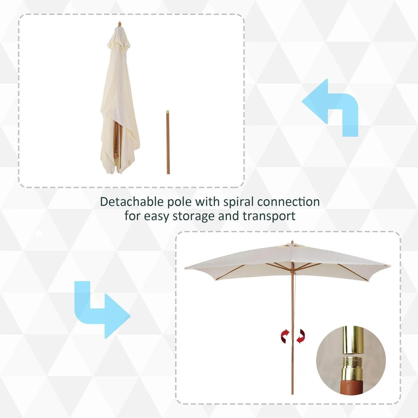 Cream wooden patio parasol umbrella with detachable spiral pole, easy storage, ALL4U RETAILER LTD