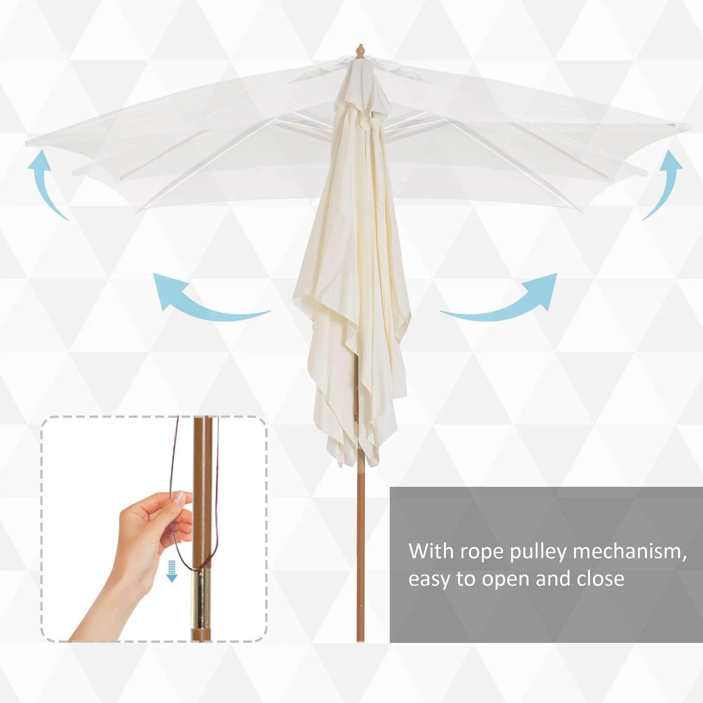 Cream wooden patio parasol umbrella with rope pulley, garden shade from ALL4U RETAILER LTD