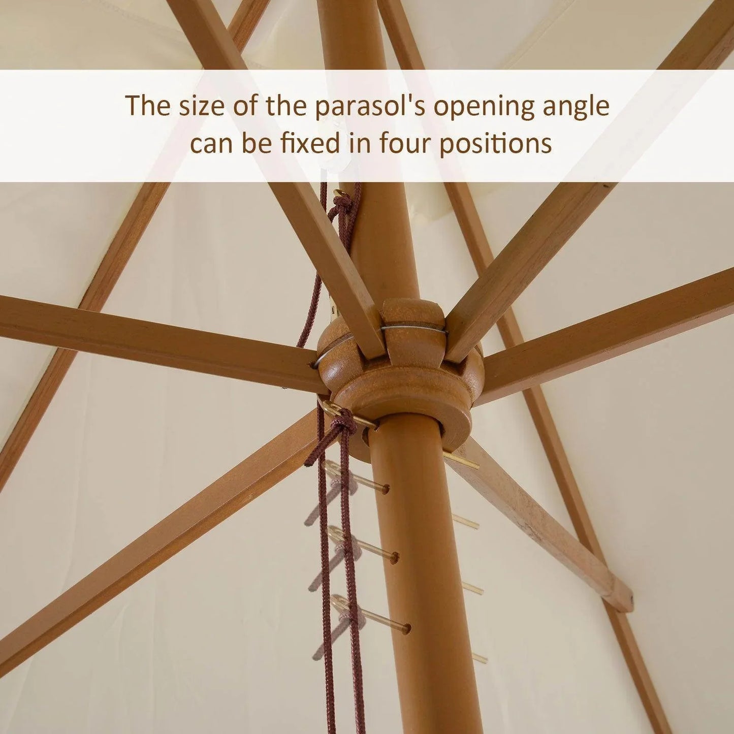 Close-up of cream Outsunny wooden patio parasol frame showing adjustable angle feature