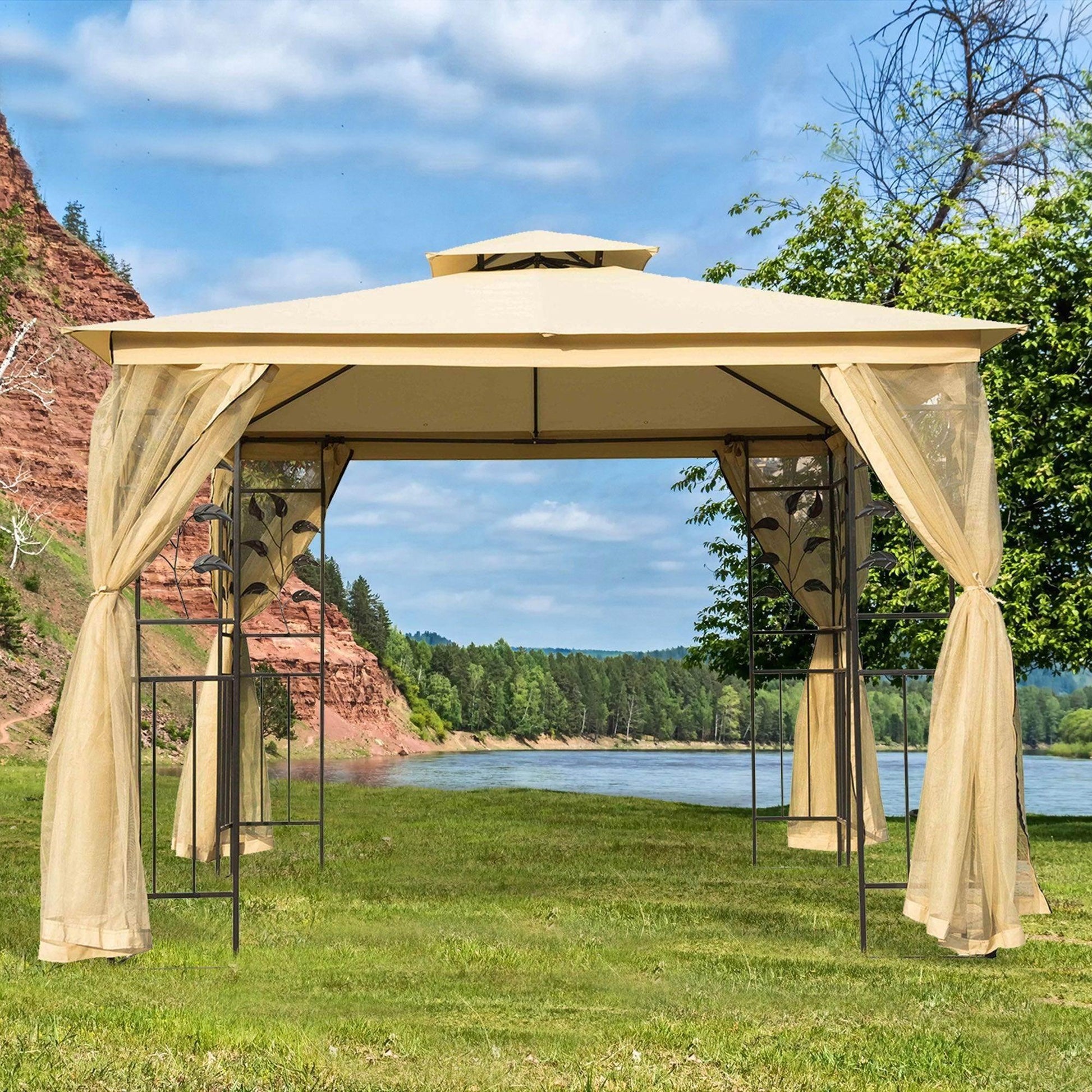 Beige 3x3m double top gazebo with decorative metal frame and sheer curtains by river on green grass