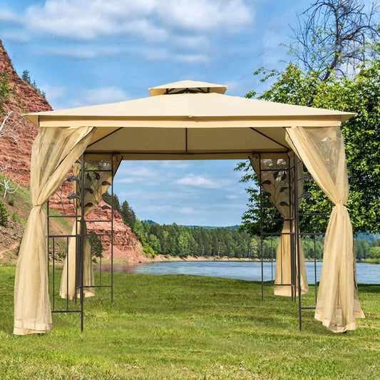 Beige 3x3m double top gazebo with decorative metal frame and sheer curtains by river on green grass