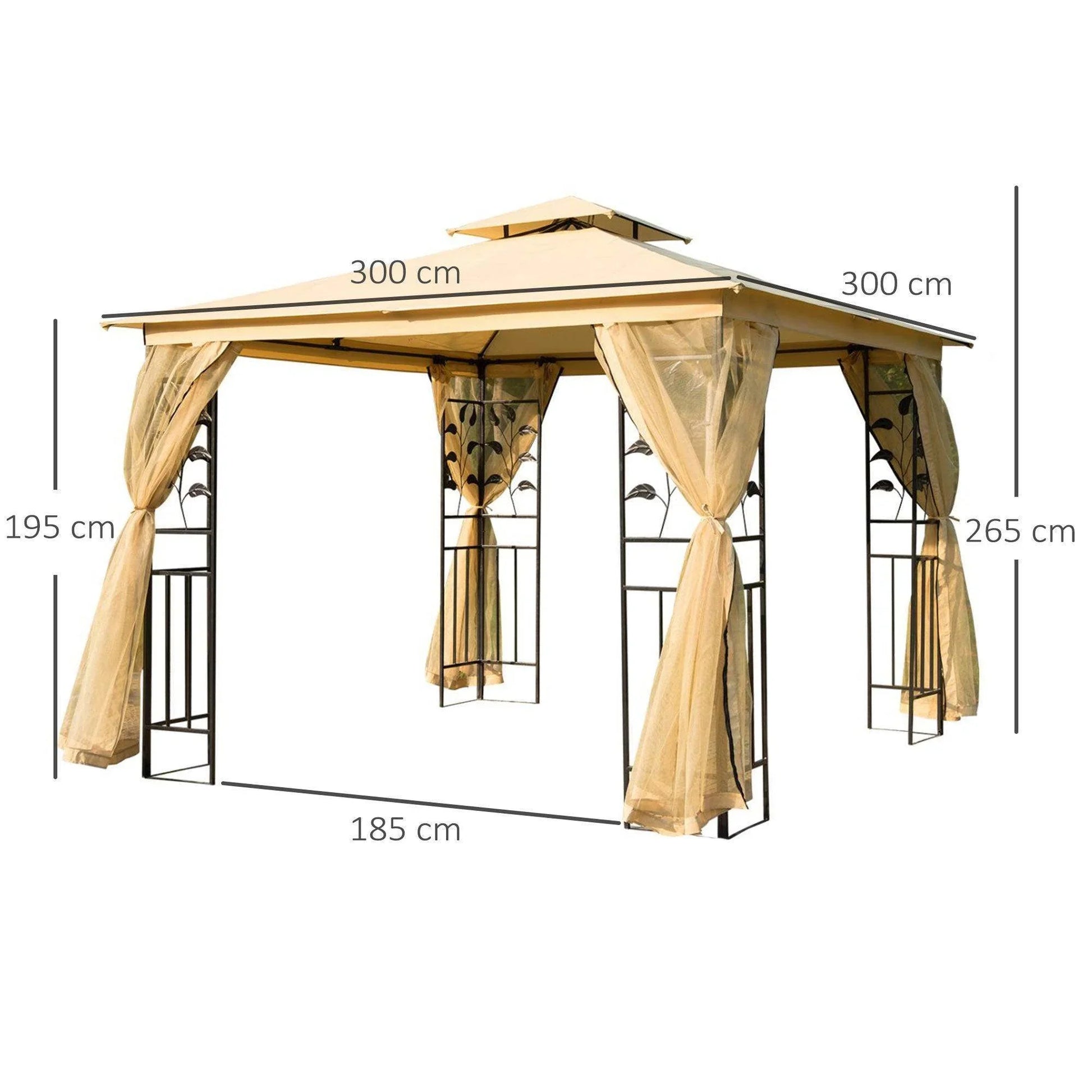 Beige 3x3m outdoor gazebo with double-top canopy, metal frame, and tied sheer curtains, garden shelter