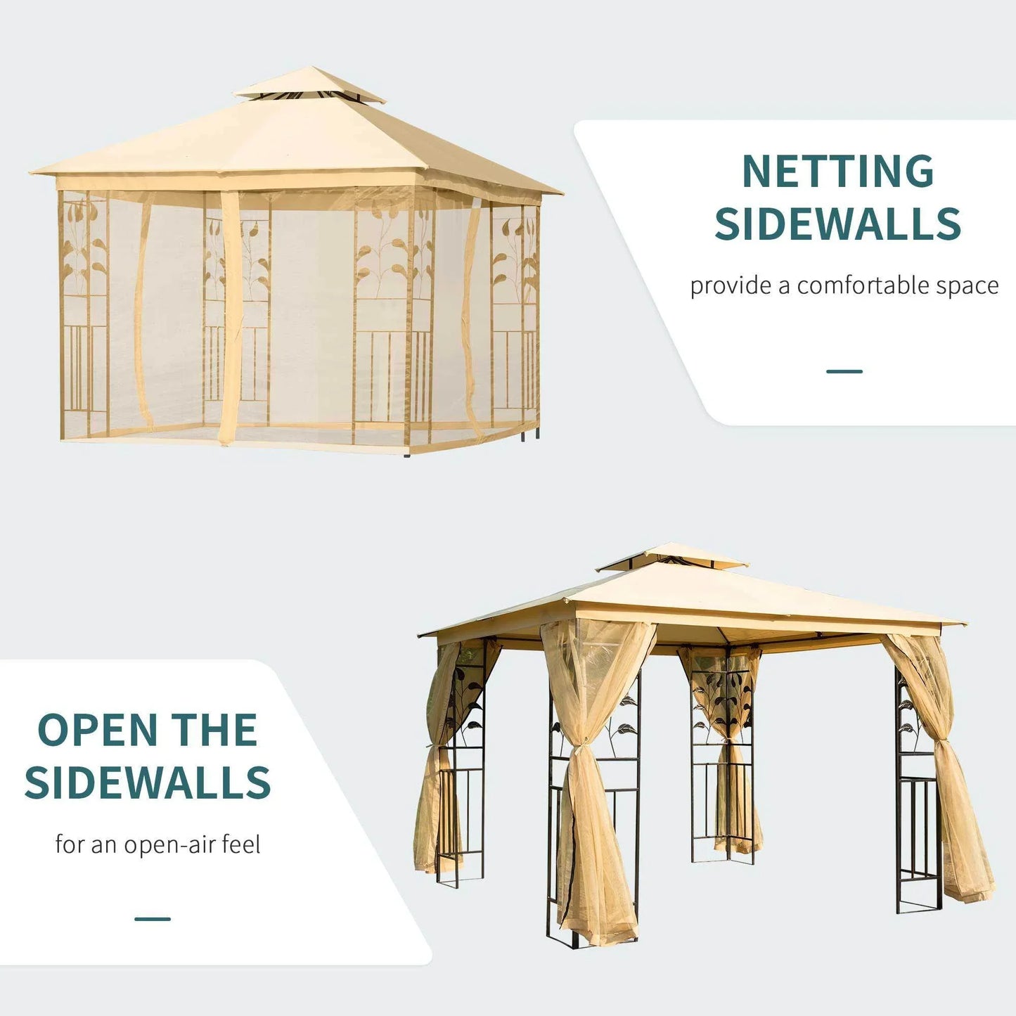Beige 3x3m outdoor gazebo with netting sidewalls and open sidewalls options for versatile garden shelter