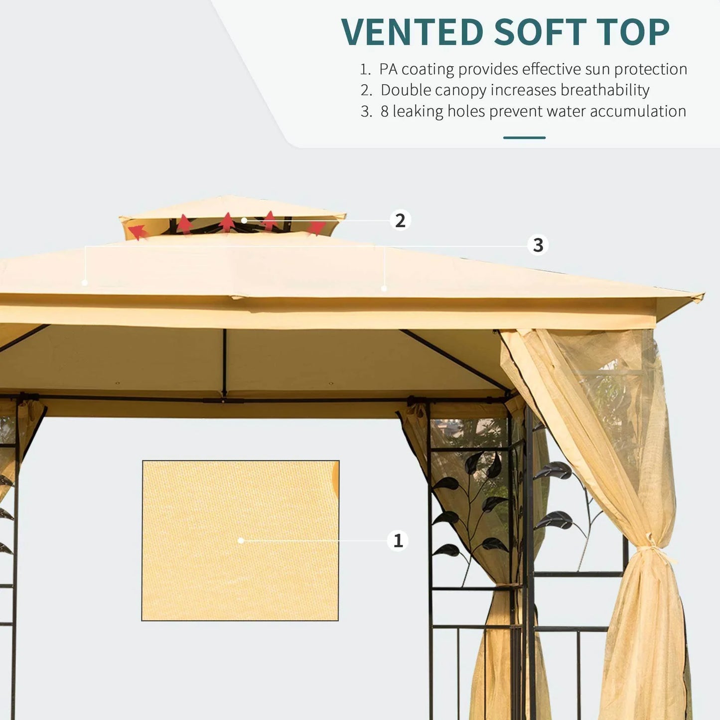 Beige insulated double-top gazebo with vented soft canopy and decorative black metal frame