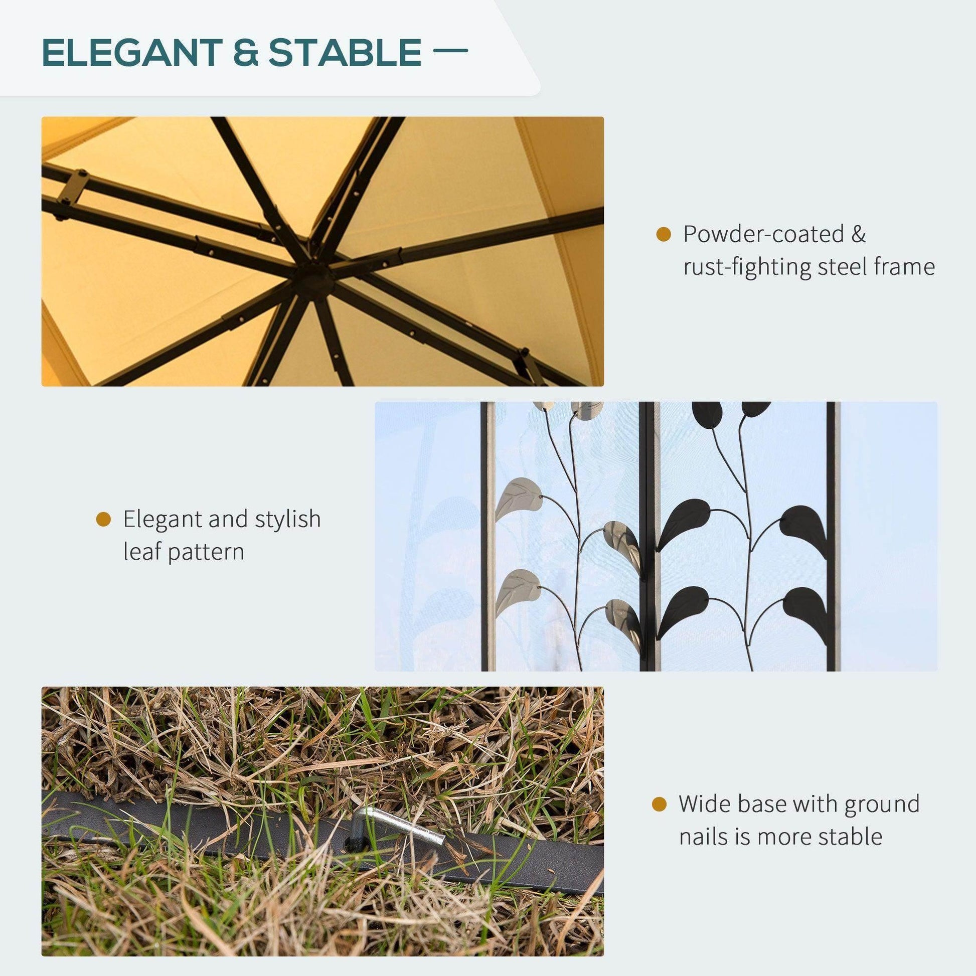 Beige double top gazebo with powder-coated steel frame, elegant leaf-pattern side panels, and stable wide base with ground nails