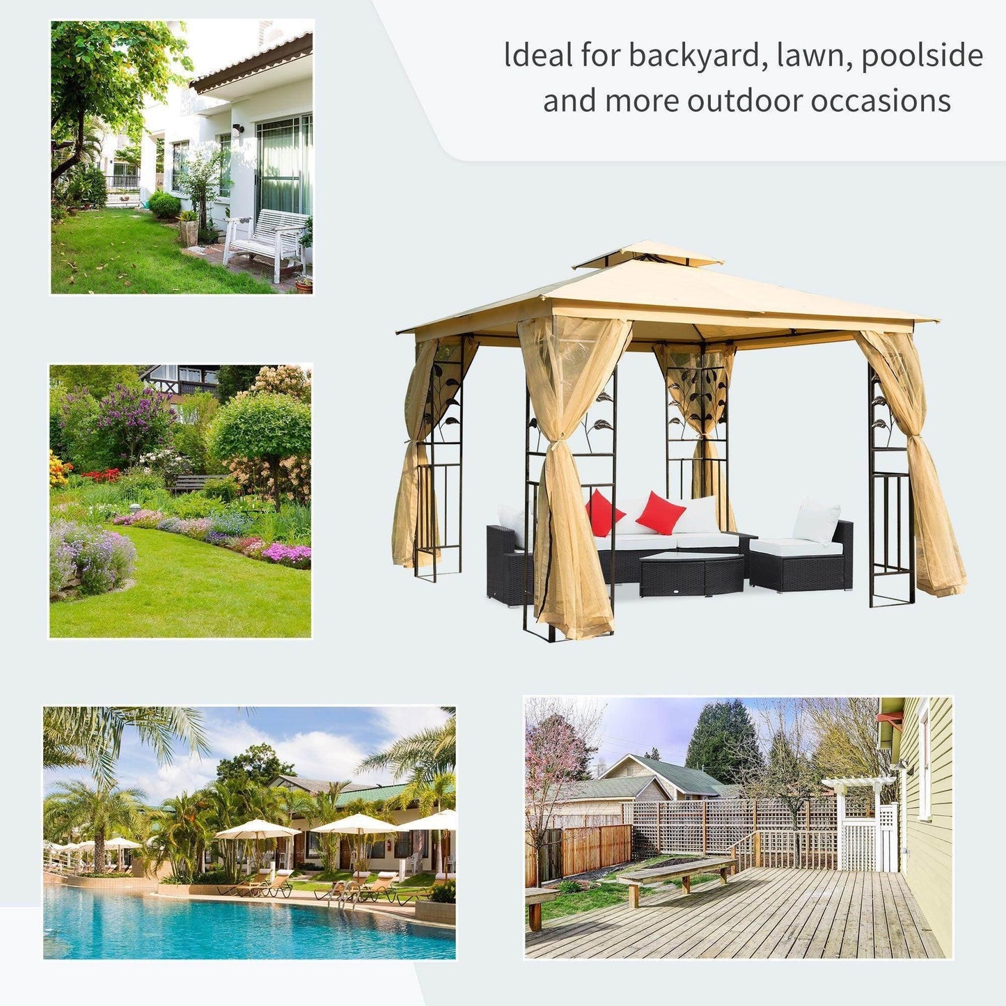 Beige 3x3m double top outdoor gazebo with black frame and beige curtains, ideal for backyard and poolside seating