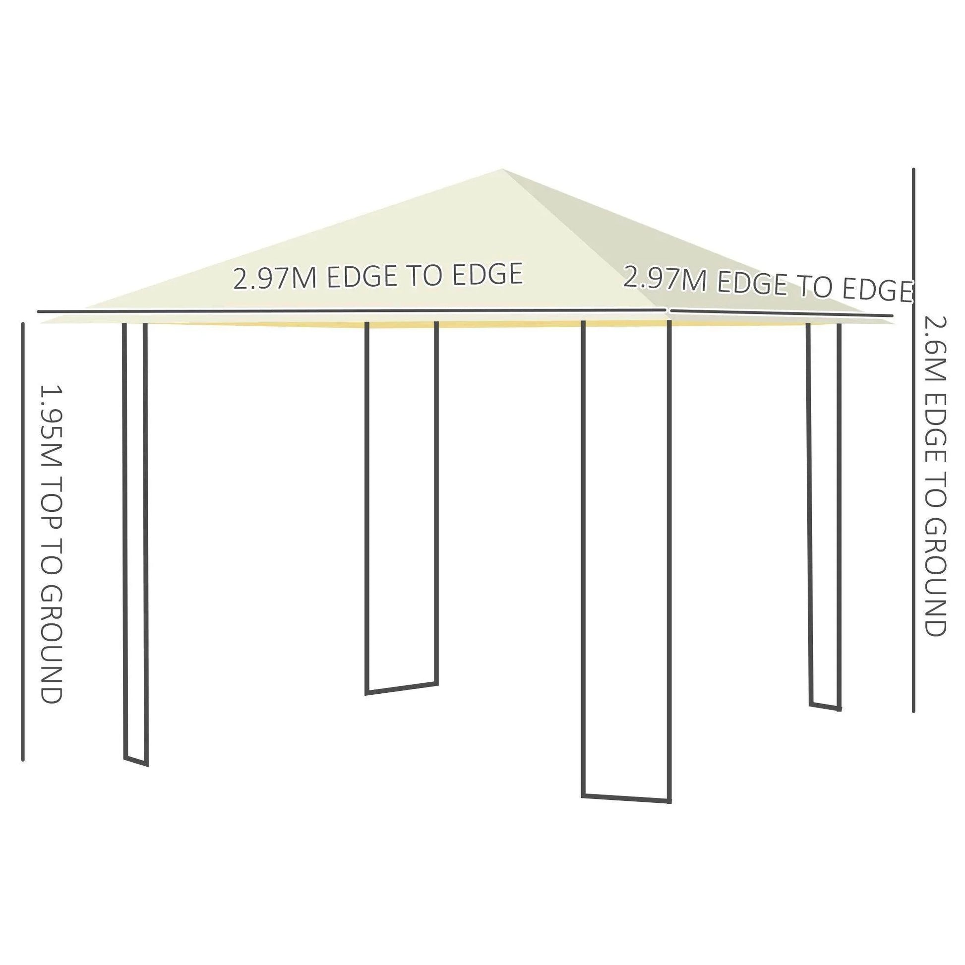 Diagram of a 3x3 meter cream garden metal gazebo with roof and dimensions labeled