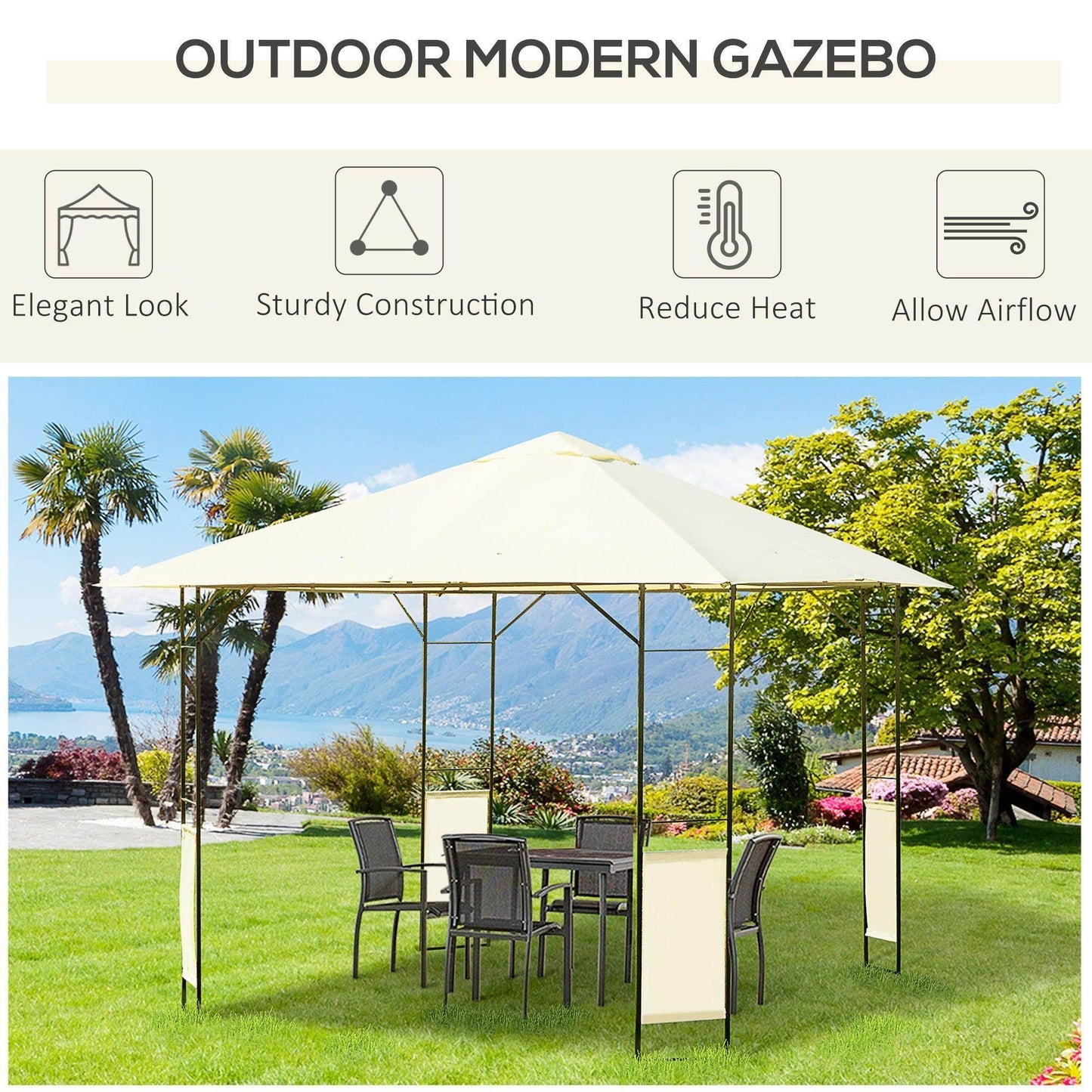 Cream colored metal gazebo with outdoor dining set on green lawn overlooking mountains and lake