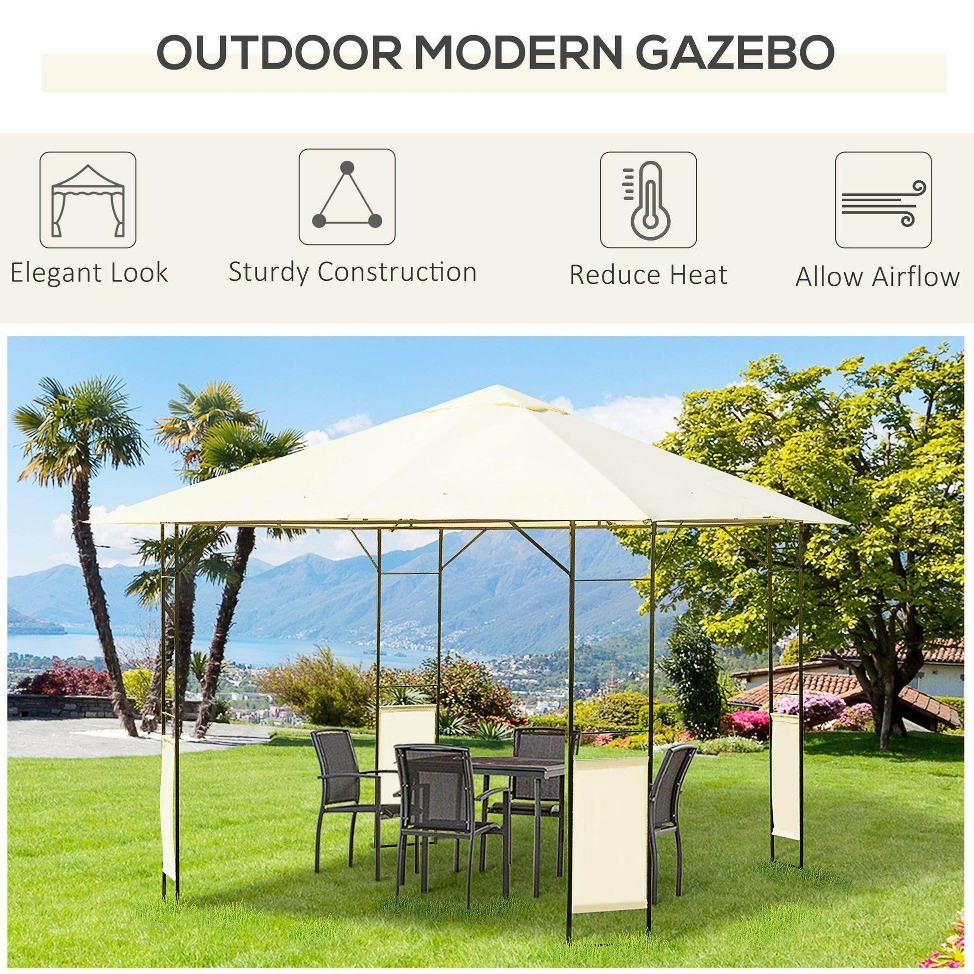 Cream colored metal gazebo with outdoor dining set on green lawn overlooking mountains and lake