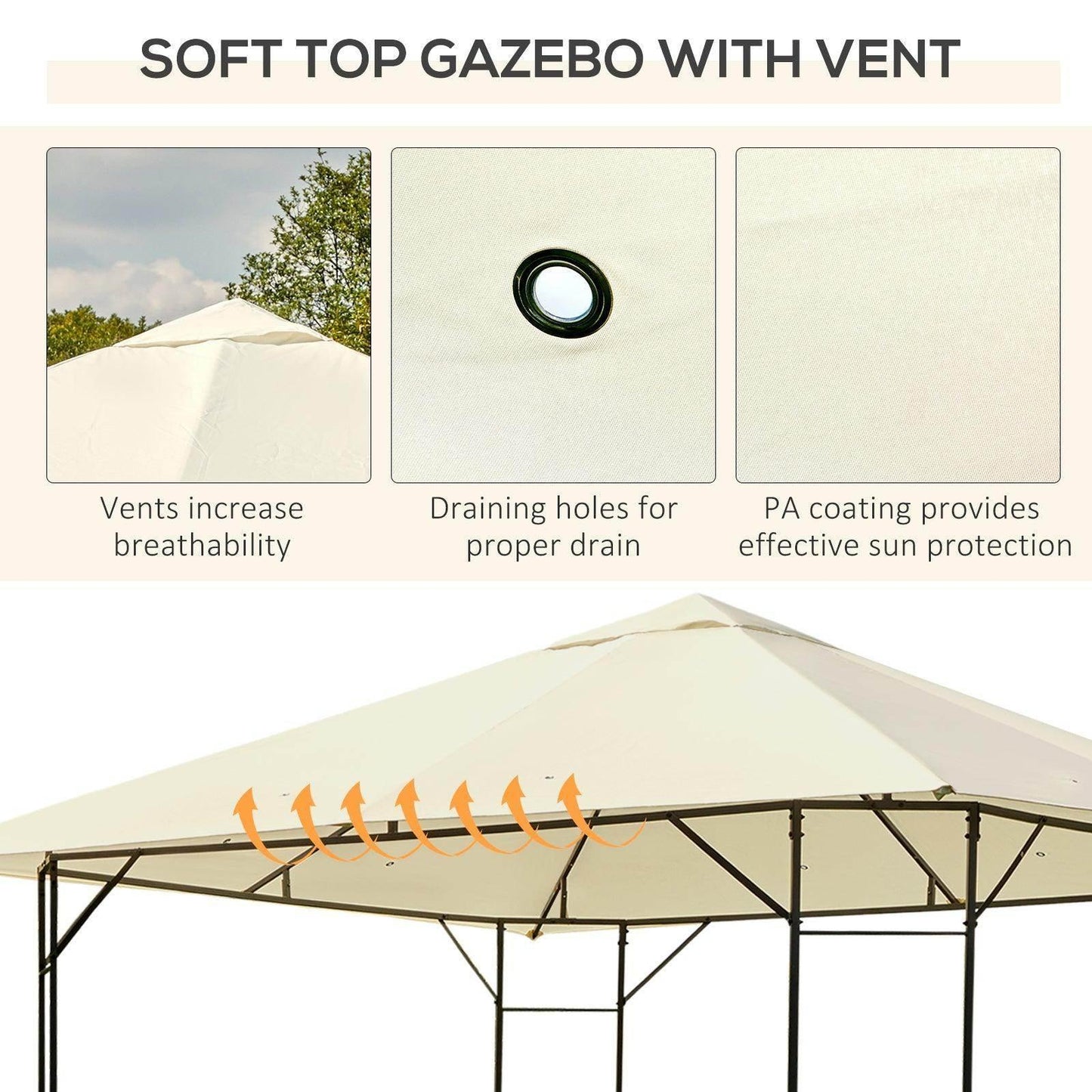 Cream-colored soft top gazebo with vent for breathability, metal frame, and sunprotective PA coating