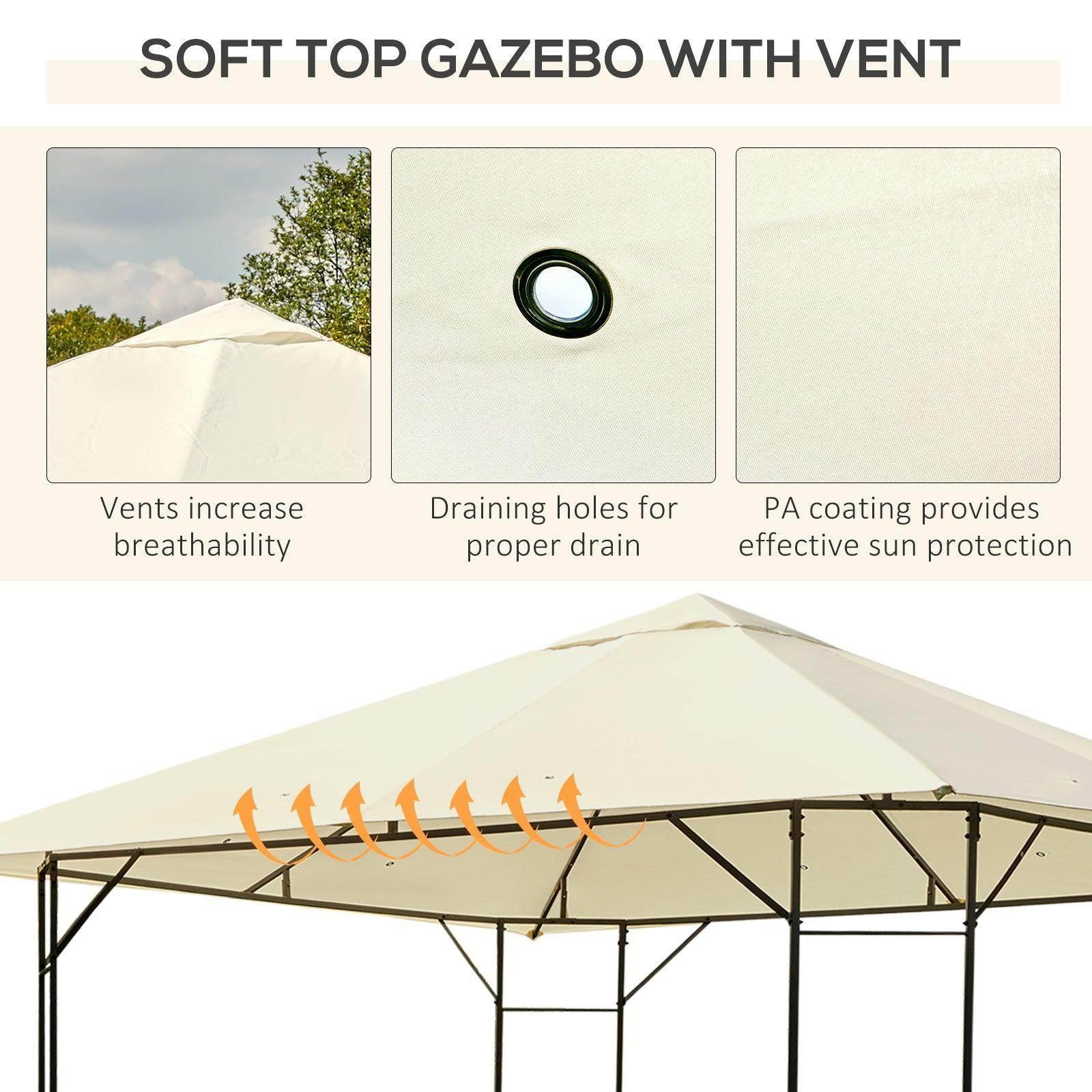 Cream-colored soft top gazebo with vent for breathability, metal frame, and sunprotective PA coating