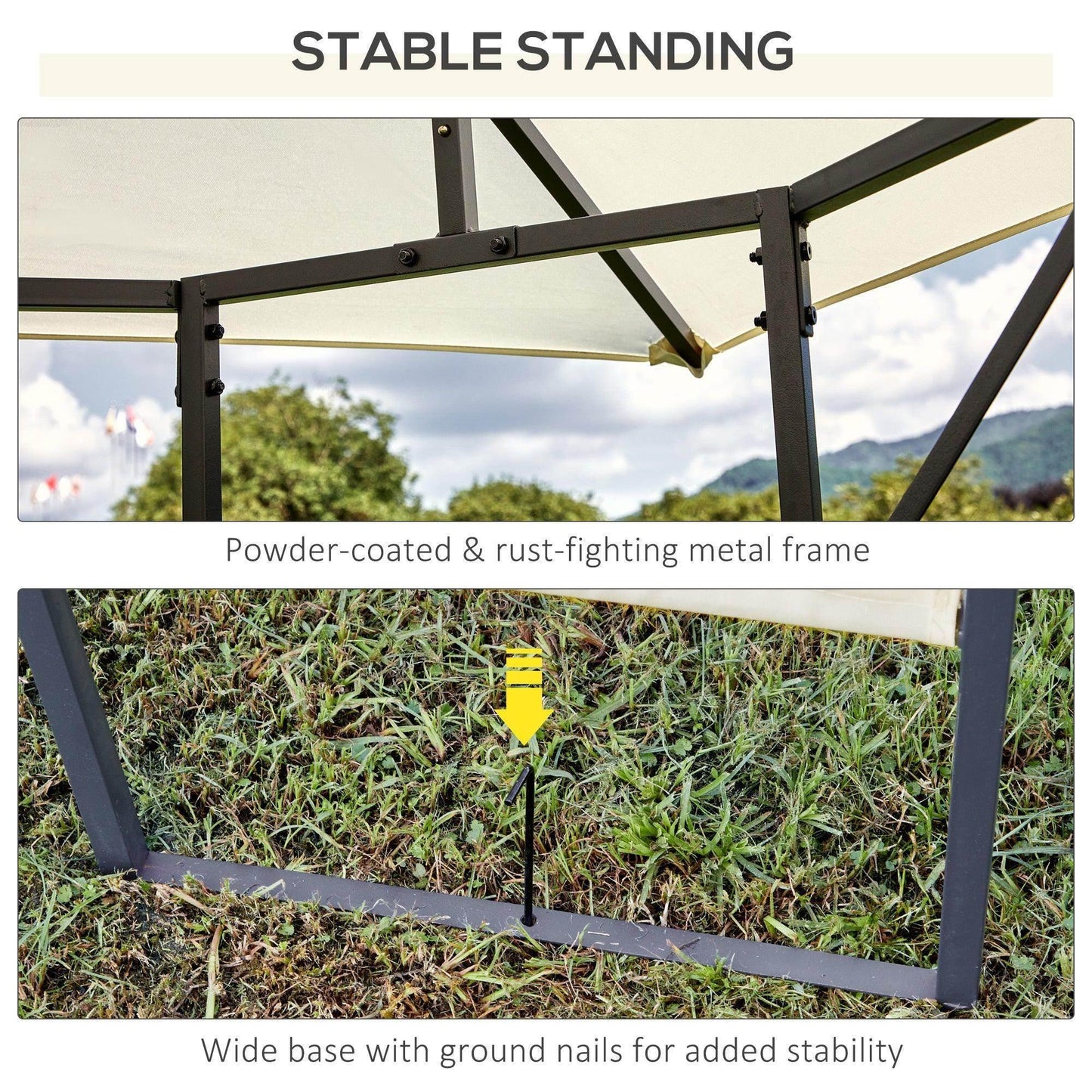 Close-up of cream garden metal gazebo with powder-coated frame and ground nails for stability in outdoor setting