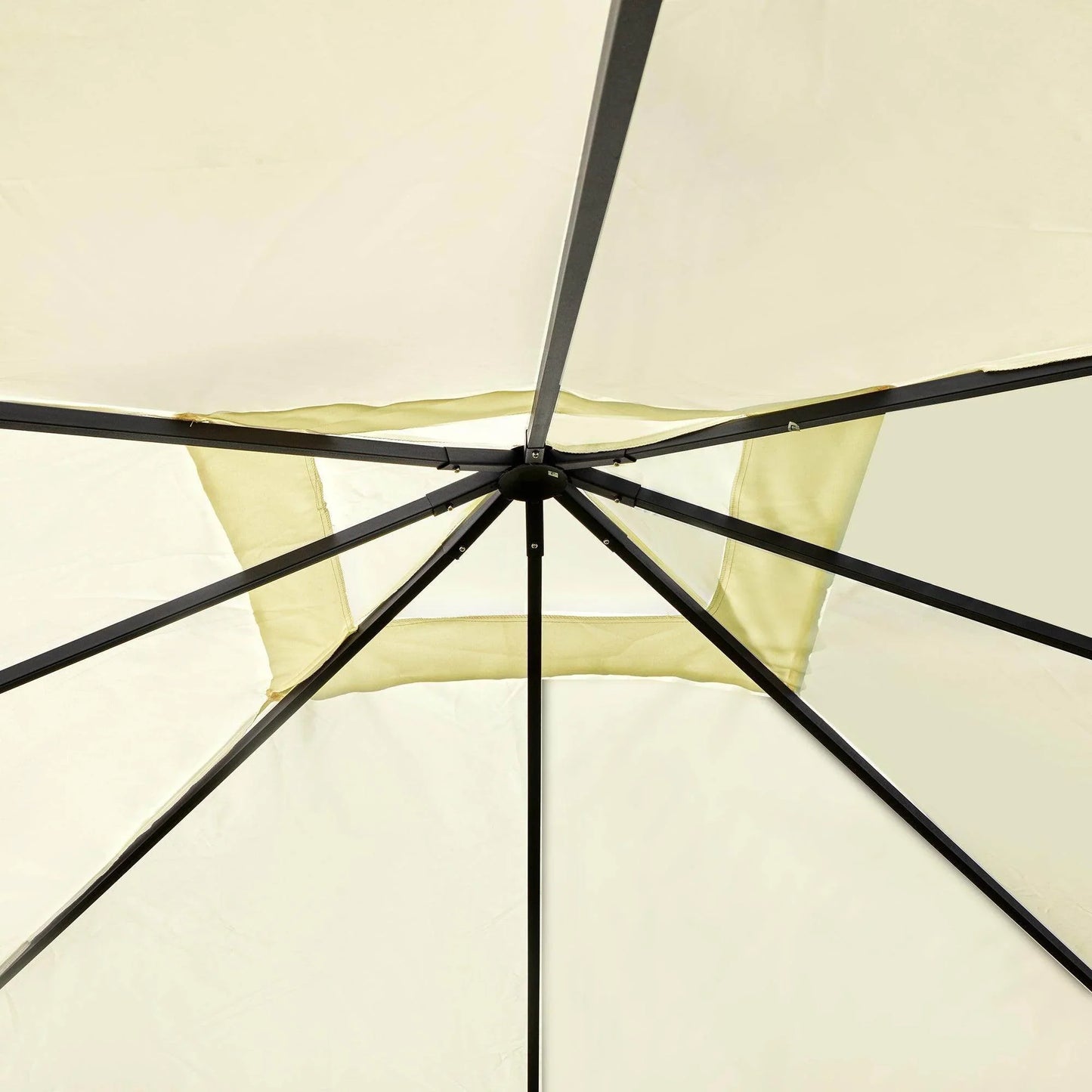 Inside view of cream-colored garden metal gazebo roof with black support beams
