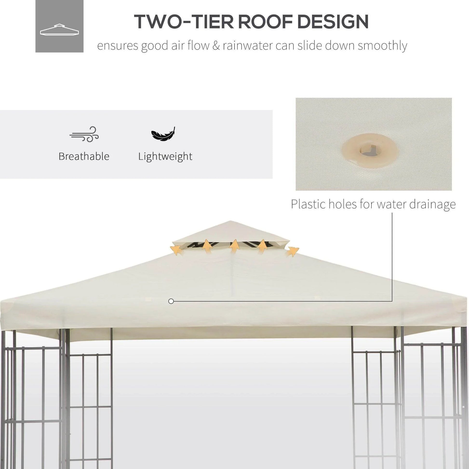 Beige two-tier gazebo canopy roof top replacement cover with plastic drainage holes, breathable and lightweight design