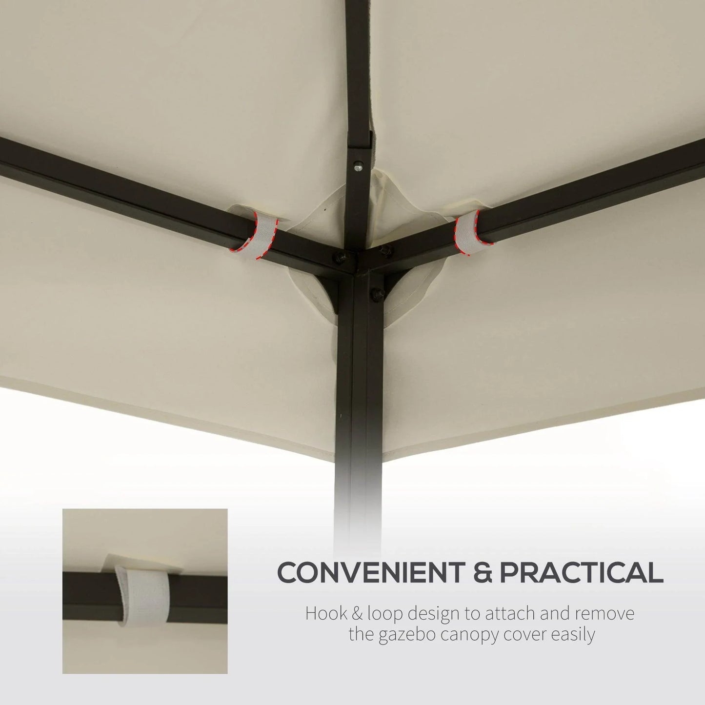 Close-up of white gazebo canopy attached to dark metal frame with hook and loop fasteners for easy removal