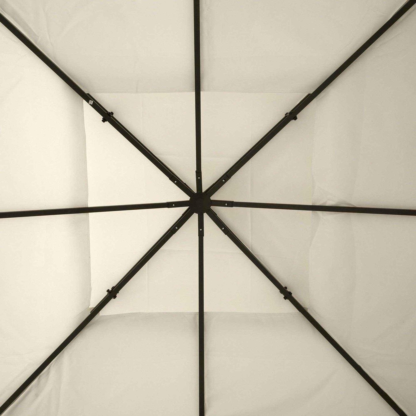 Inside view of Outsunny gazebo canopy roof with black metal support frame and beige fabric cover