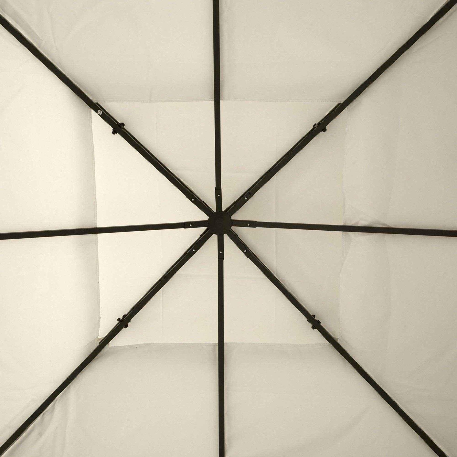 Inside view of Outsunny gazebo canopy roof with black metal support frame and beige fabric cover