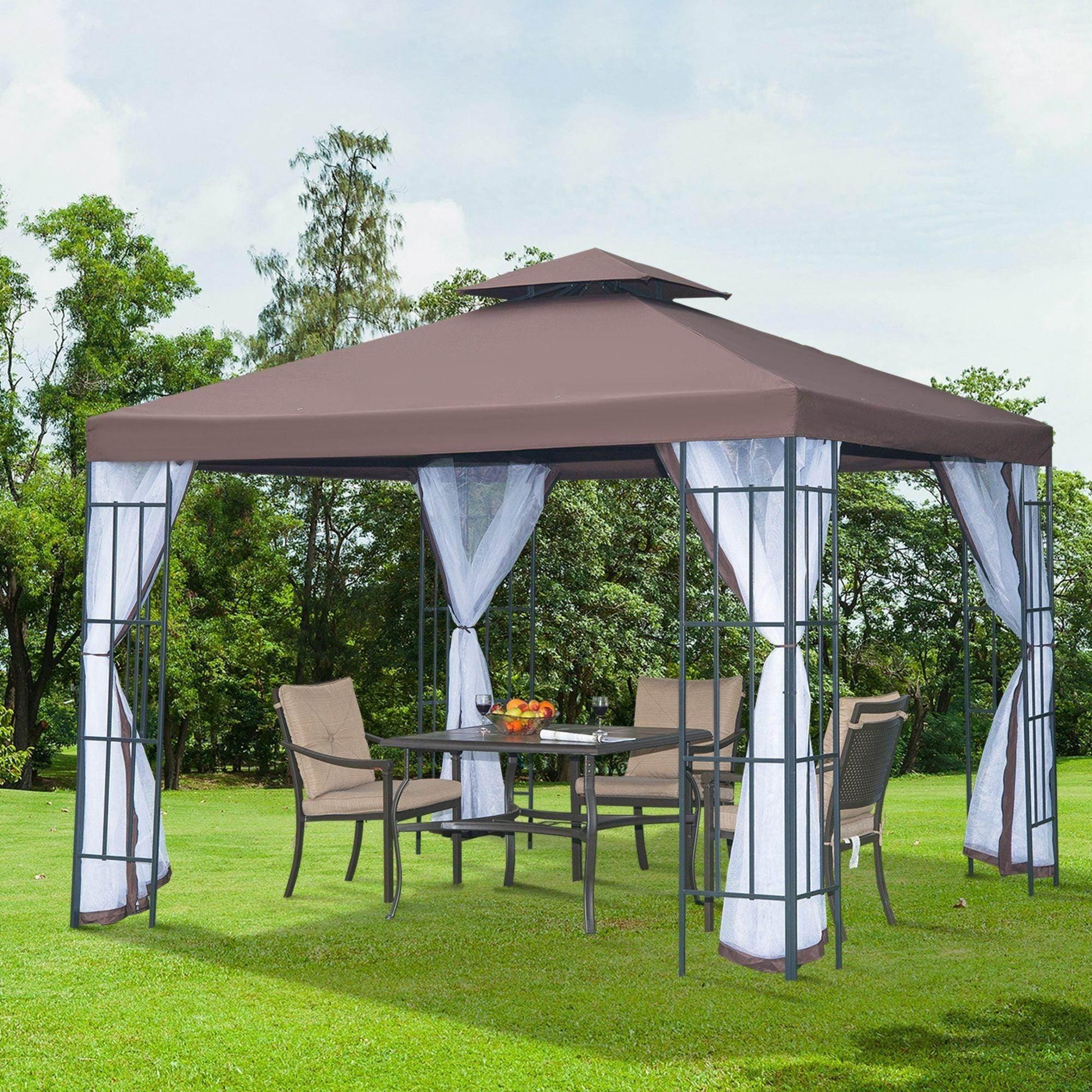 Coffee-colored 3x3m outdoor gazebo with white curtains and metal frame on green lawn with dining table and four cushioned chairs