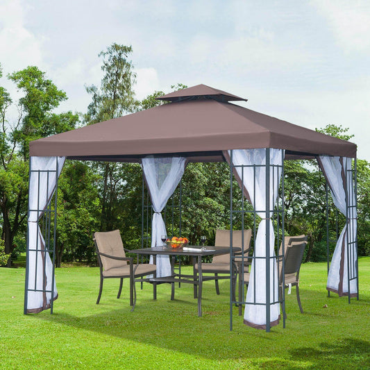 Coffee-colored 3x3m outdoor gazebo with white curtains and metal frame on green lawn with dining table and four cushioned chairs