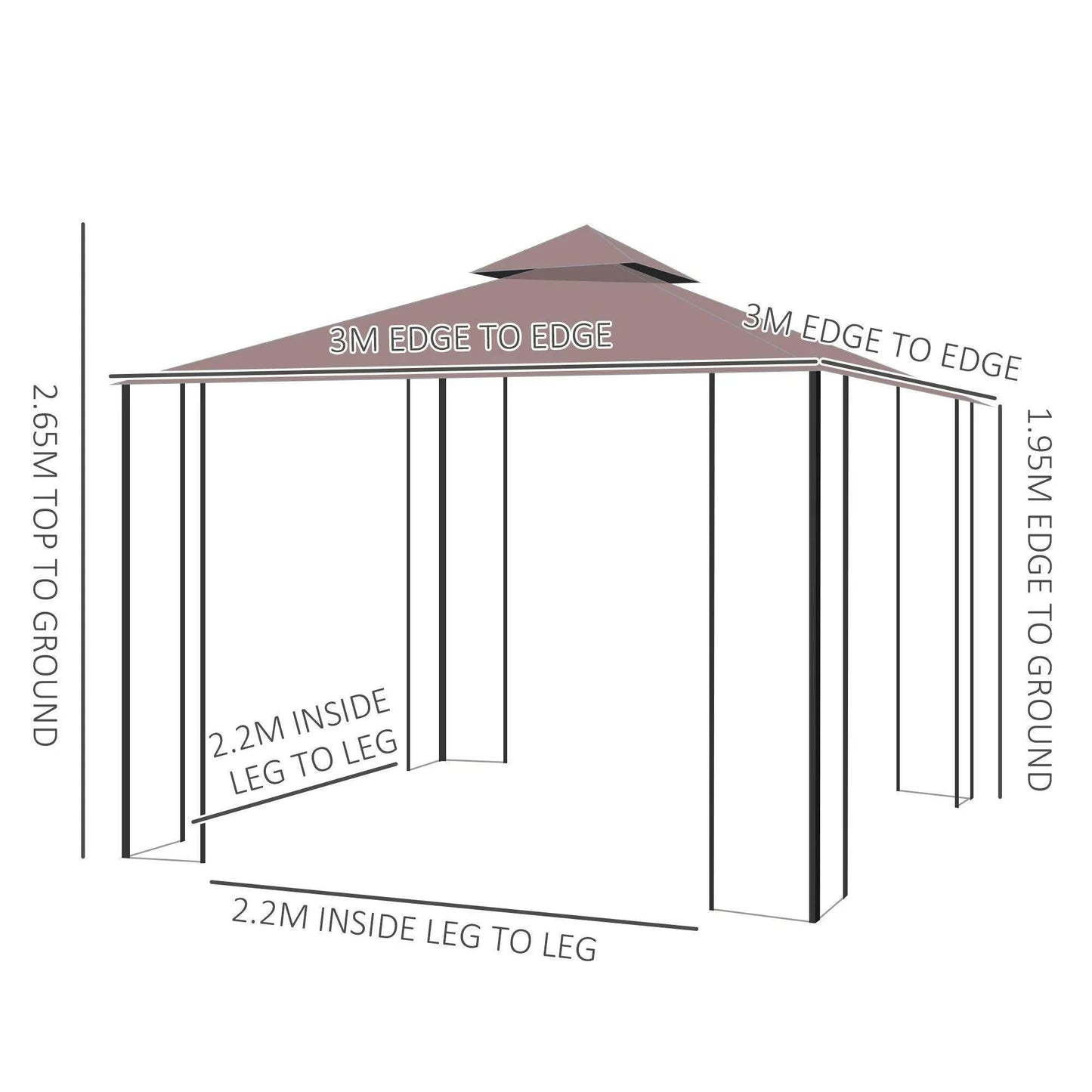 Diagram of outsunny 3x3m coffee-colored garden gazebo with dimensions and canopy structure