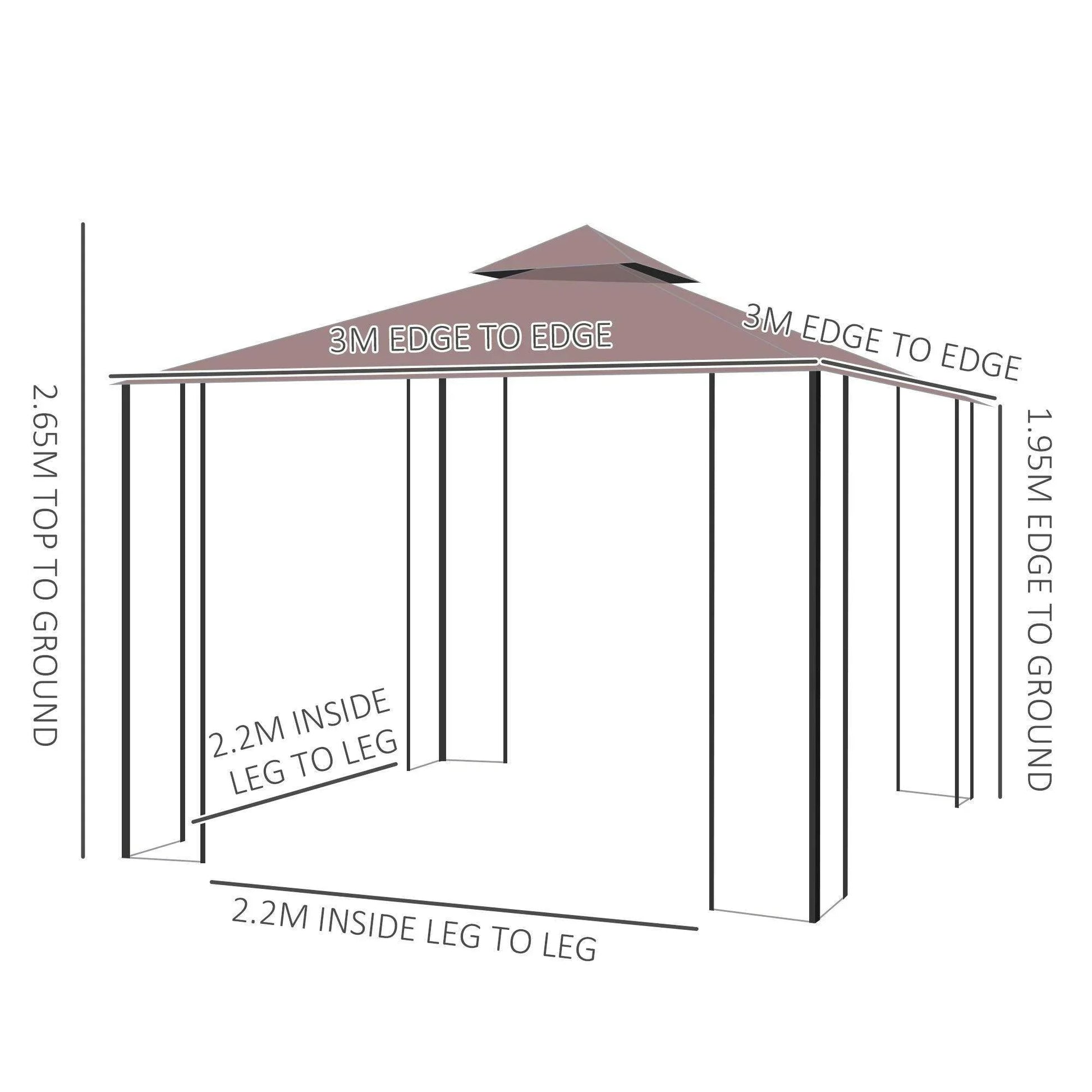 Diagram of outsunny 3x3m coffee-colored garden gazebo with dimensions and canopy structure