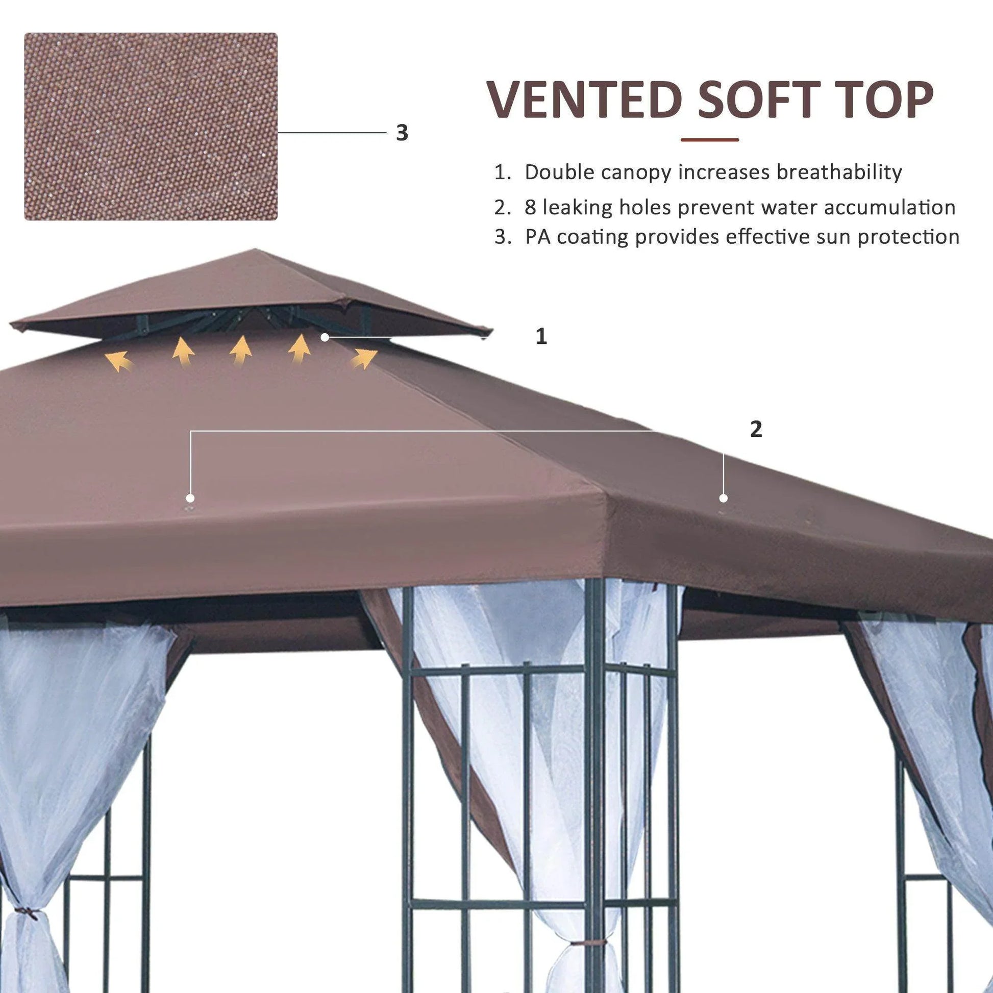 Close-up of vented soft top roof on brown 3x3m garden gazebo with double canopy and white curtains