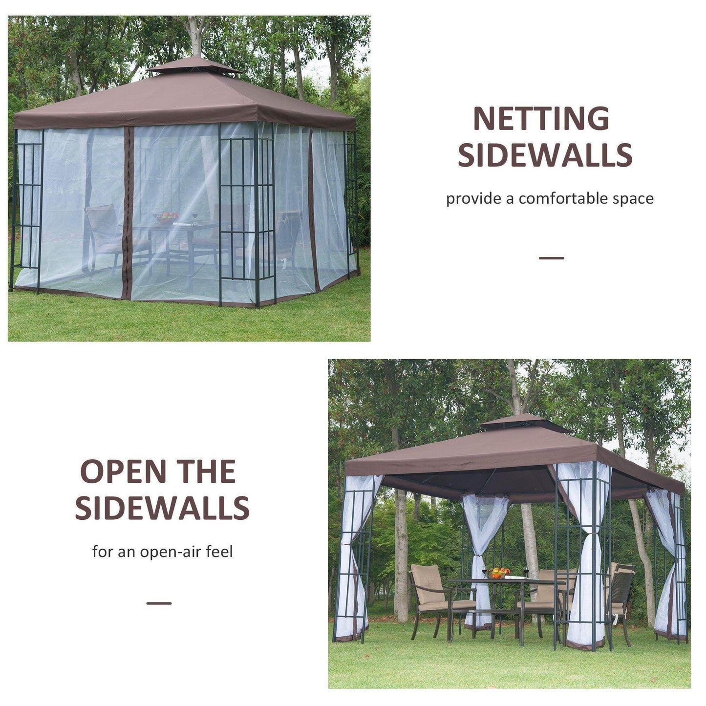 Brown 3x3m garden gazebo with netting sidewalls and patio furniture on green grass