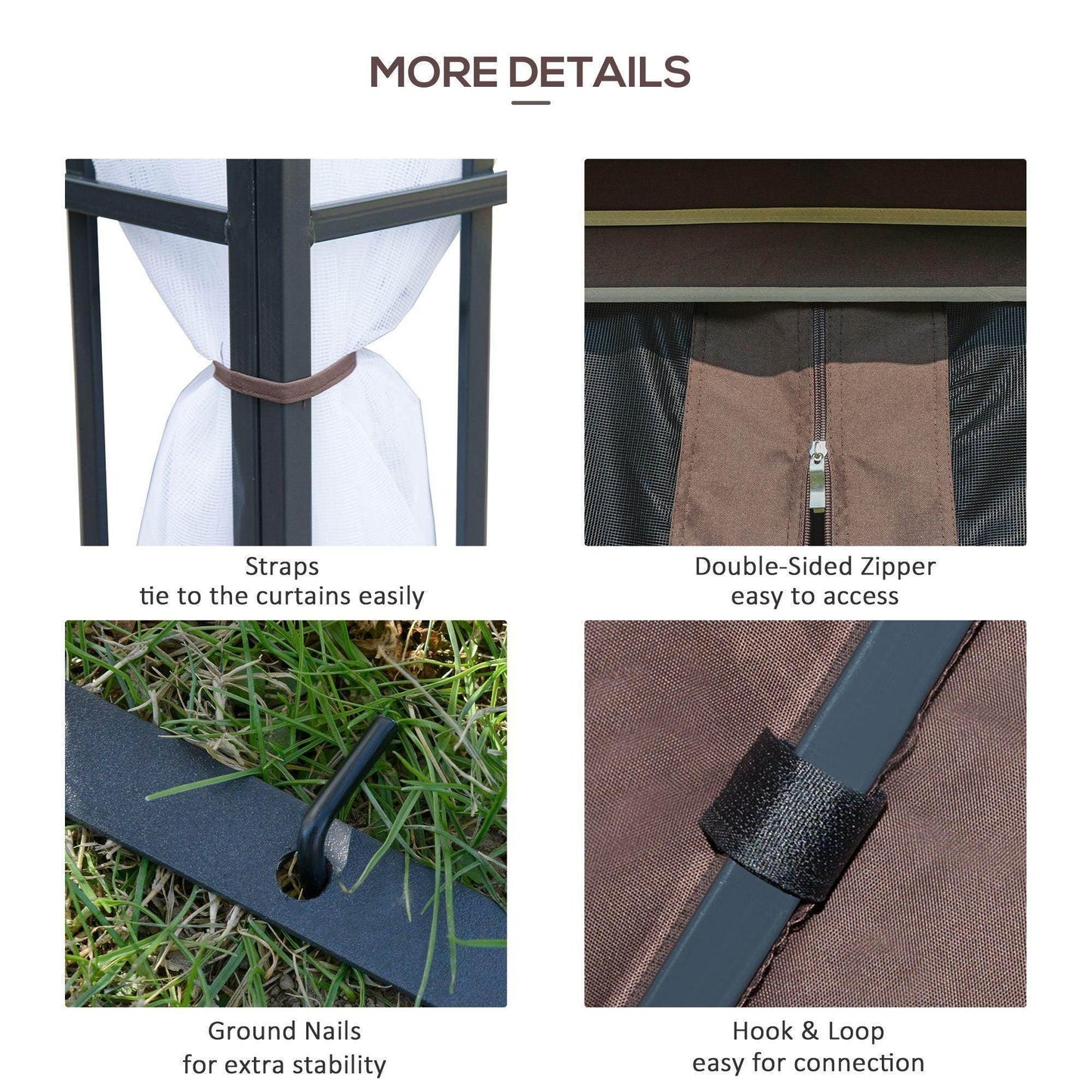 Close-up details of Outsunny coffee-colored gazebo showing curtain straps, double-sided zipper, ground nails, and hook & loop connector