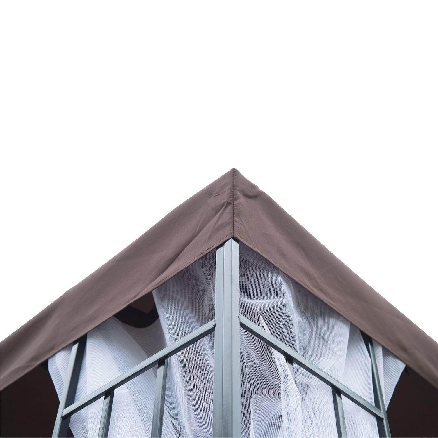 Close-up of corner roof with brown fabric cover and white mesh curtains on metal gazebo frame