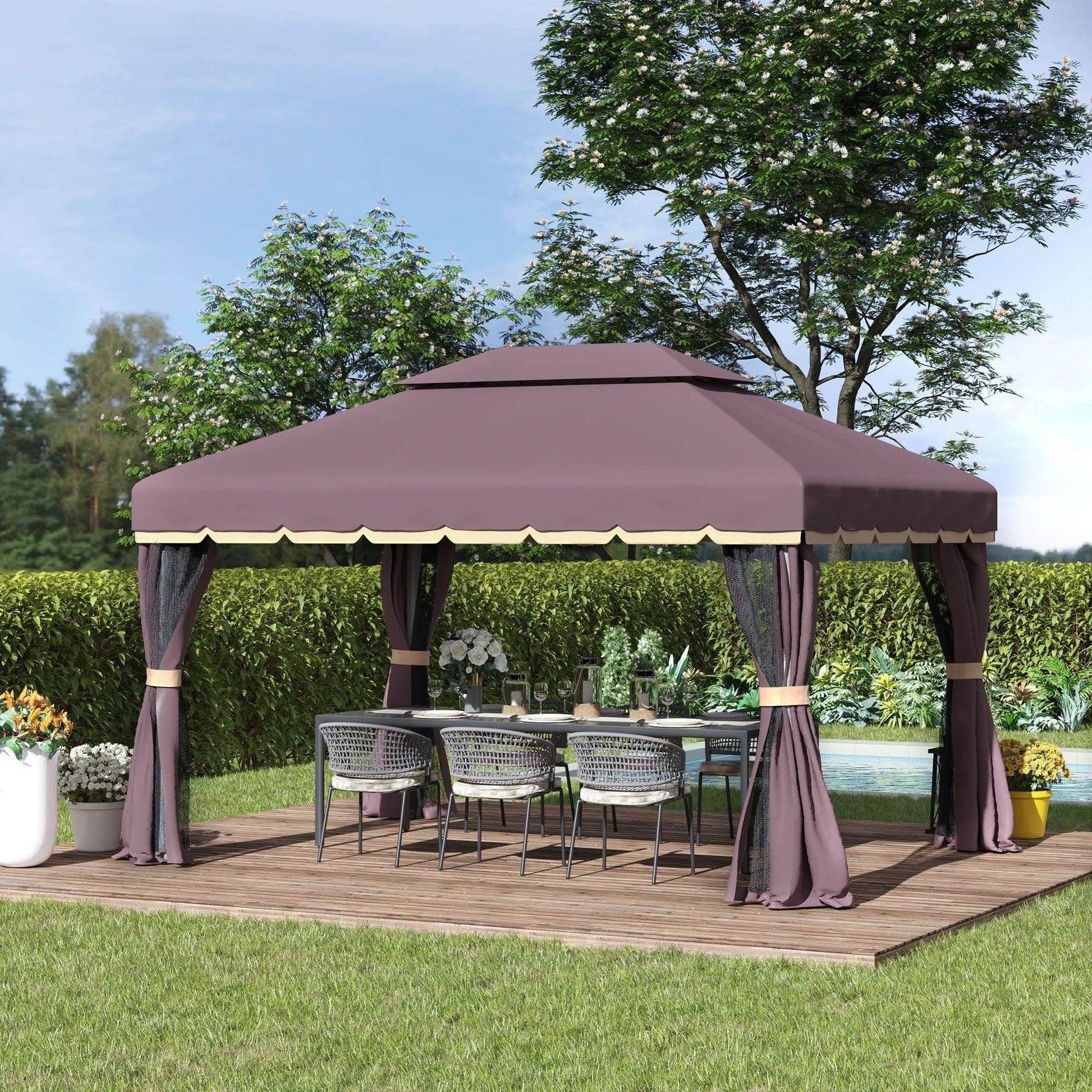 Outsunny 3x4m coffee-colored garden gazebo with net curtains and sidewalls on wooden deck with outdoor dining set