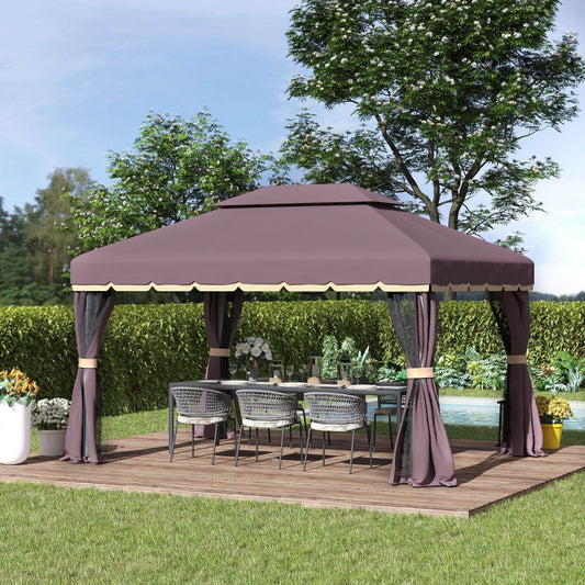 Outsunny 3x4m coffee-colored garden gazebo with net curtains and sidewalls on wooden deck with outdoor dining set