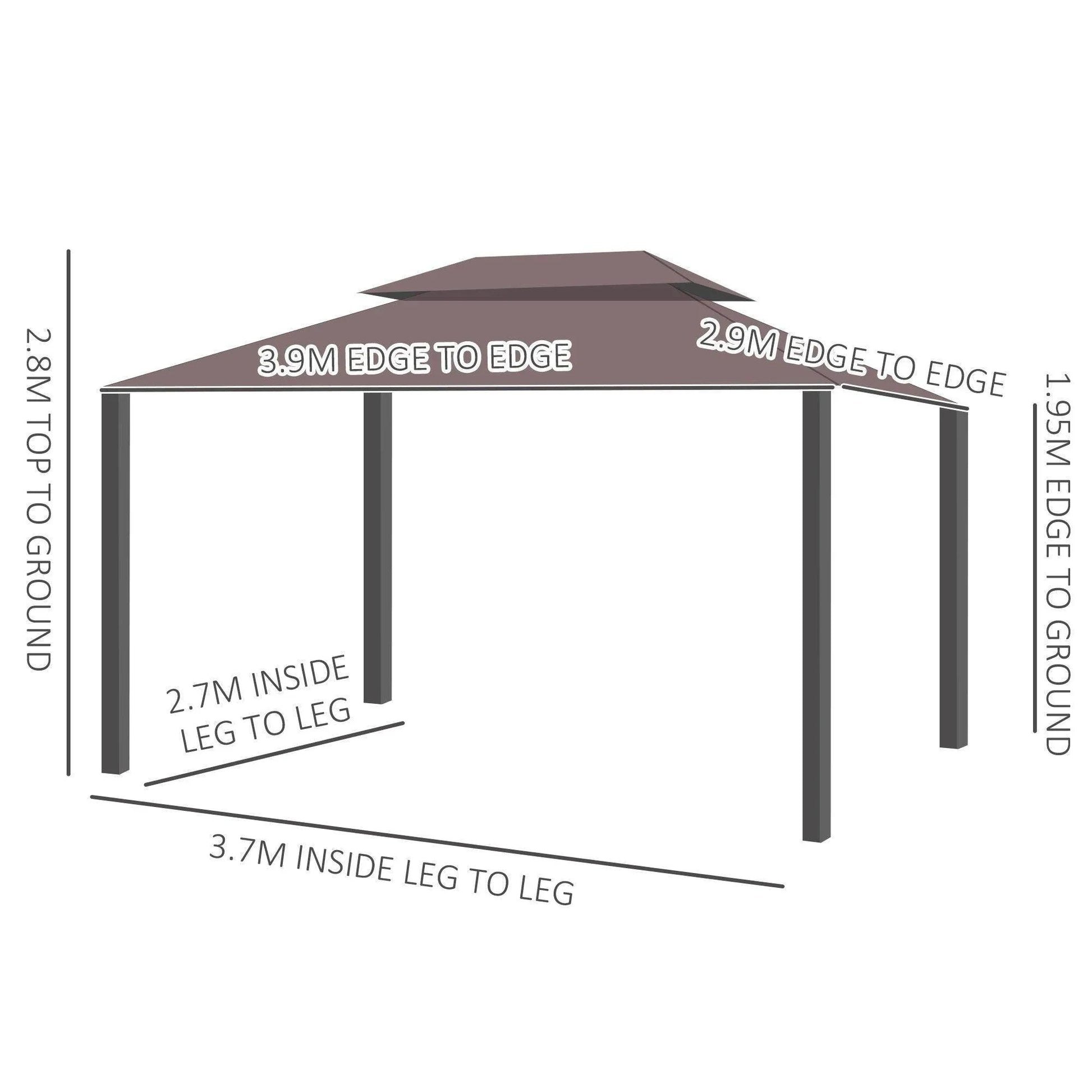 Illustration of Outsunny 3x4m coffee-colored gazebo with dimensions for edge-to-edge and leg-to-leg spacing